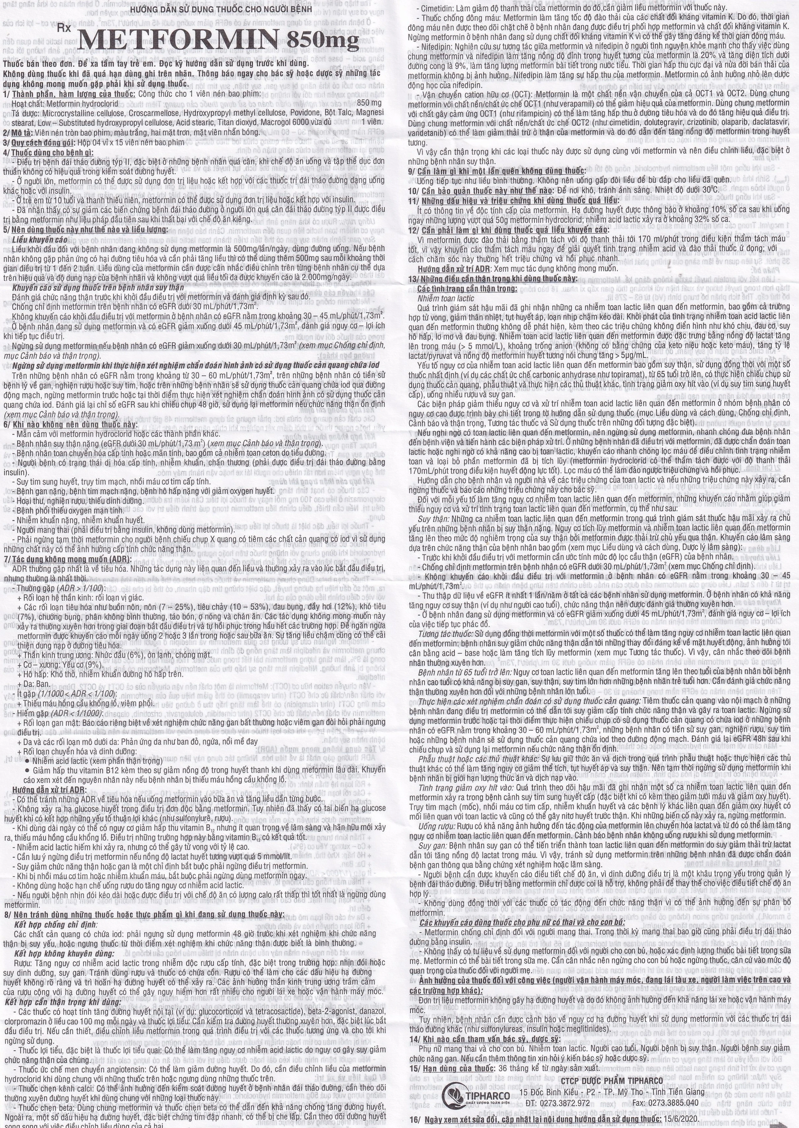 Viên nén Metformin 850mg Tipharco điều trị đái tháo đường không phụ thuộc insulin típ 2 (4 vỉ x 15 viên) 