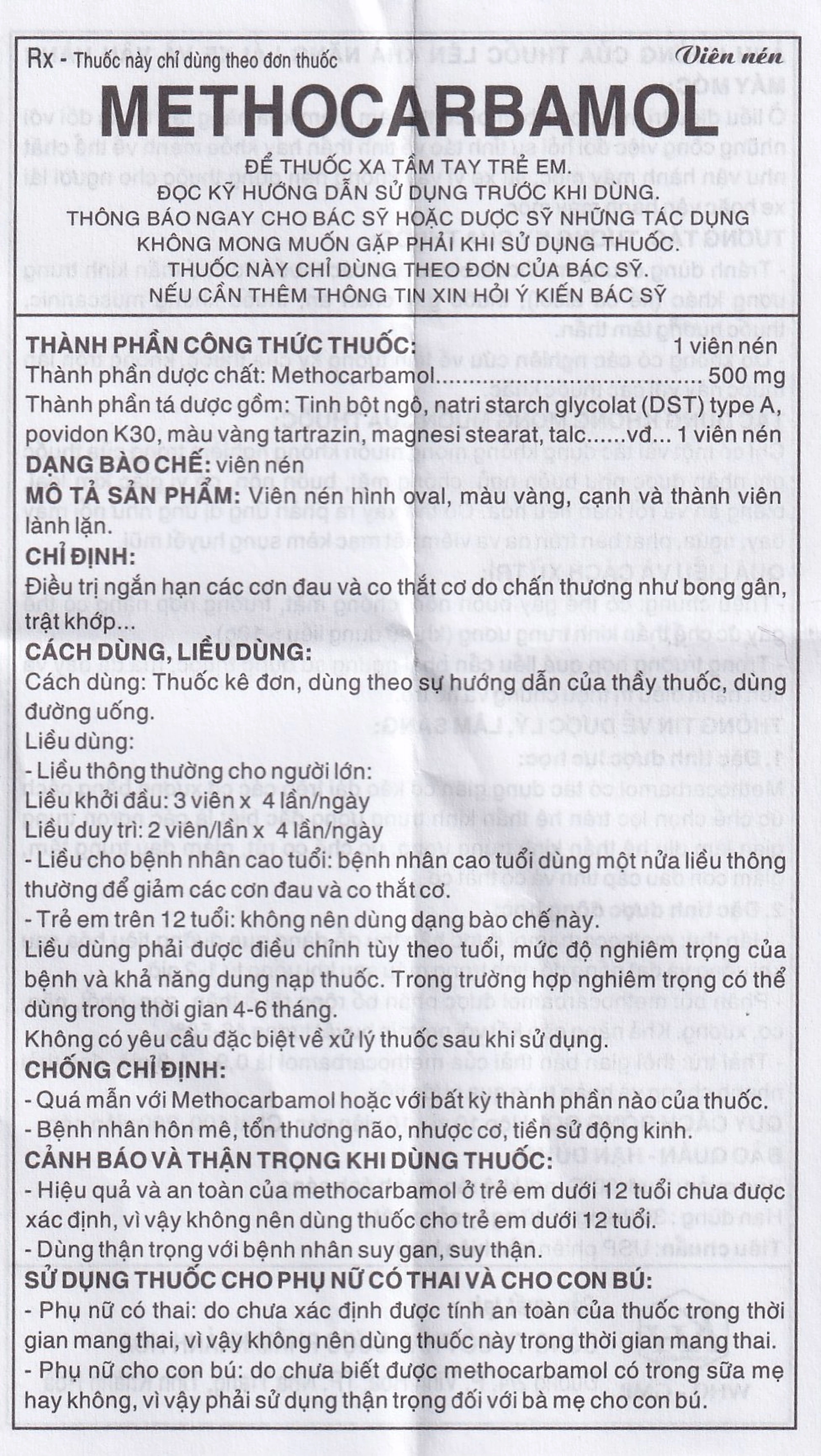 Viên nén Methocarbamol 500mg Khapharco điều trị ngắn hạn cơn đau, co thắt cơ, bong gân (10 vỉ x 10 viên)