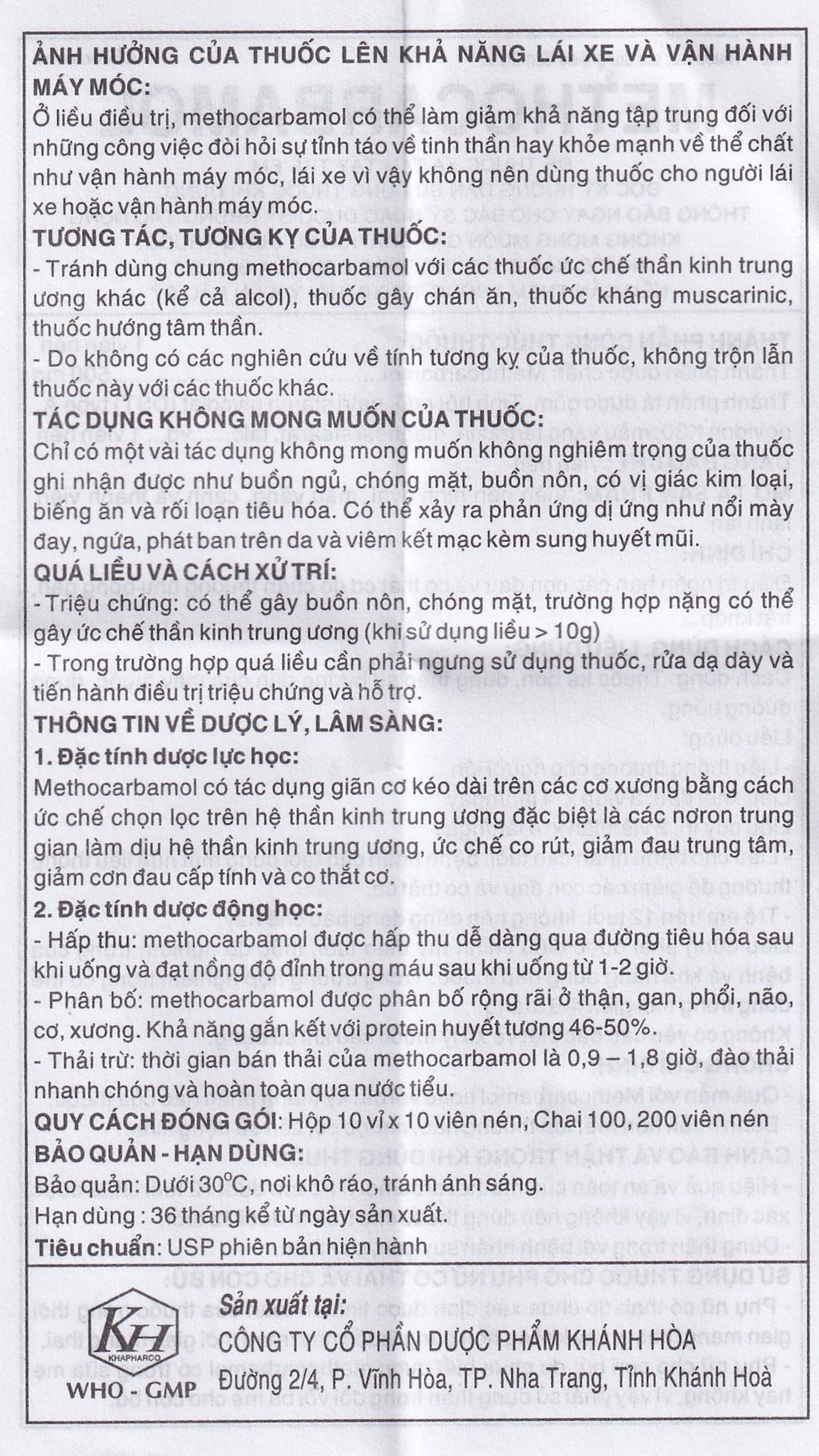 Viên nén Methocarbamol 500mg Khapharco điều trị ngắn hạn cơn đau, co thắt cơ, bong gân (10 vỉ x 10 viên)