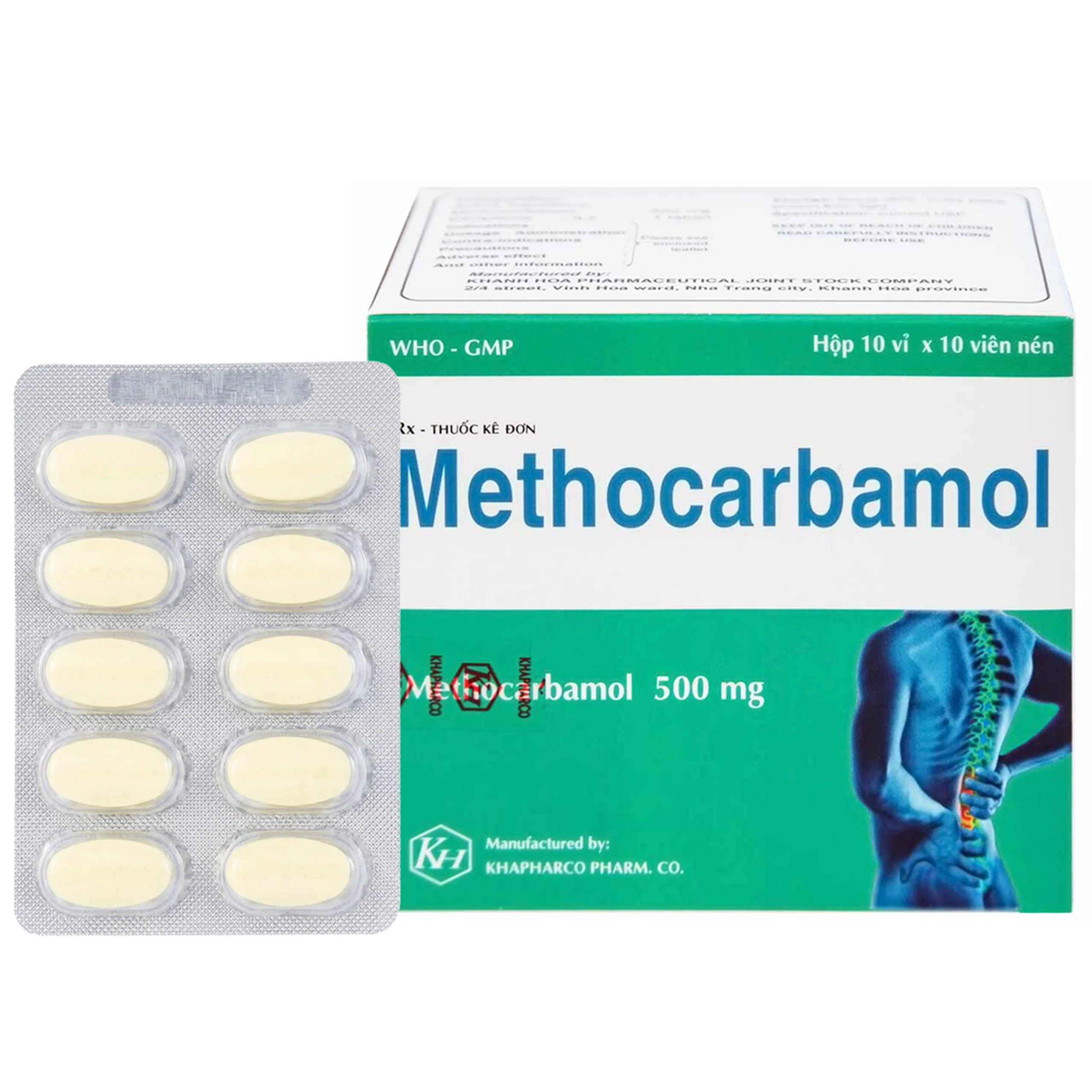 Viên nén Methocarbamol 500mg Khapharco điều trị ngắn hạn cơn đau, co thắt cơ, bong gân (10 vỉ x 10 viên)