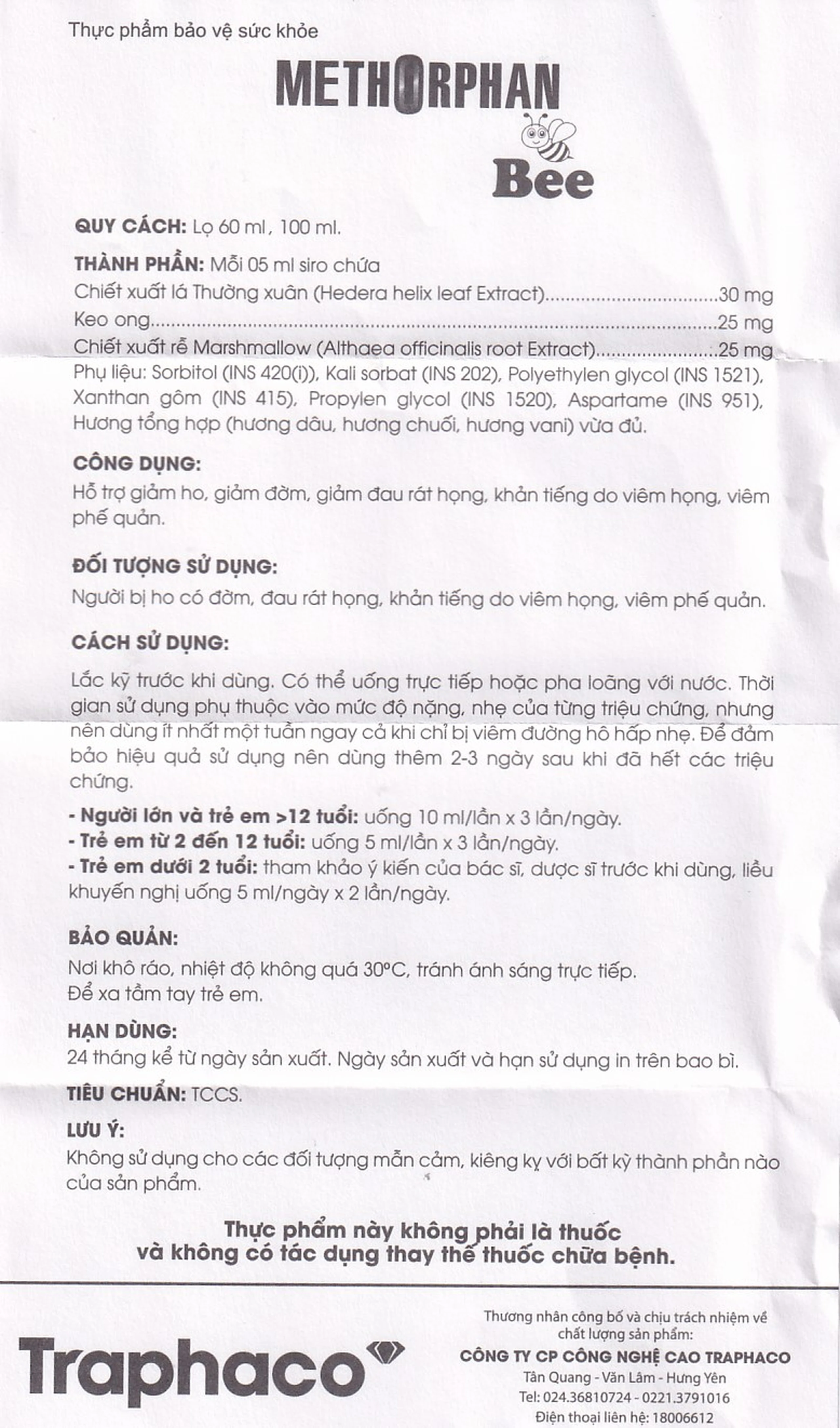 Siro hỗ trợ giảm ho Methorphan Bee Traphaco (100ml)