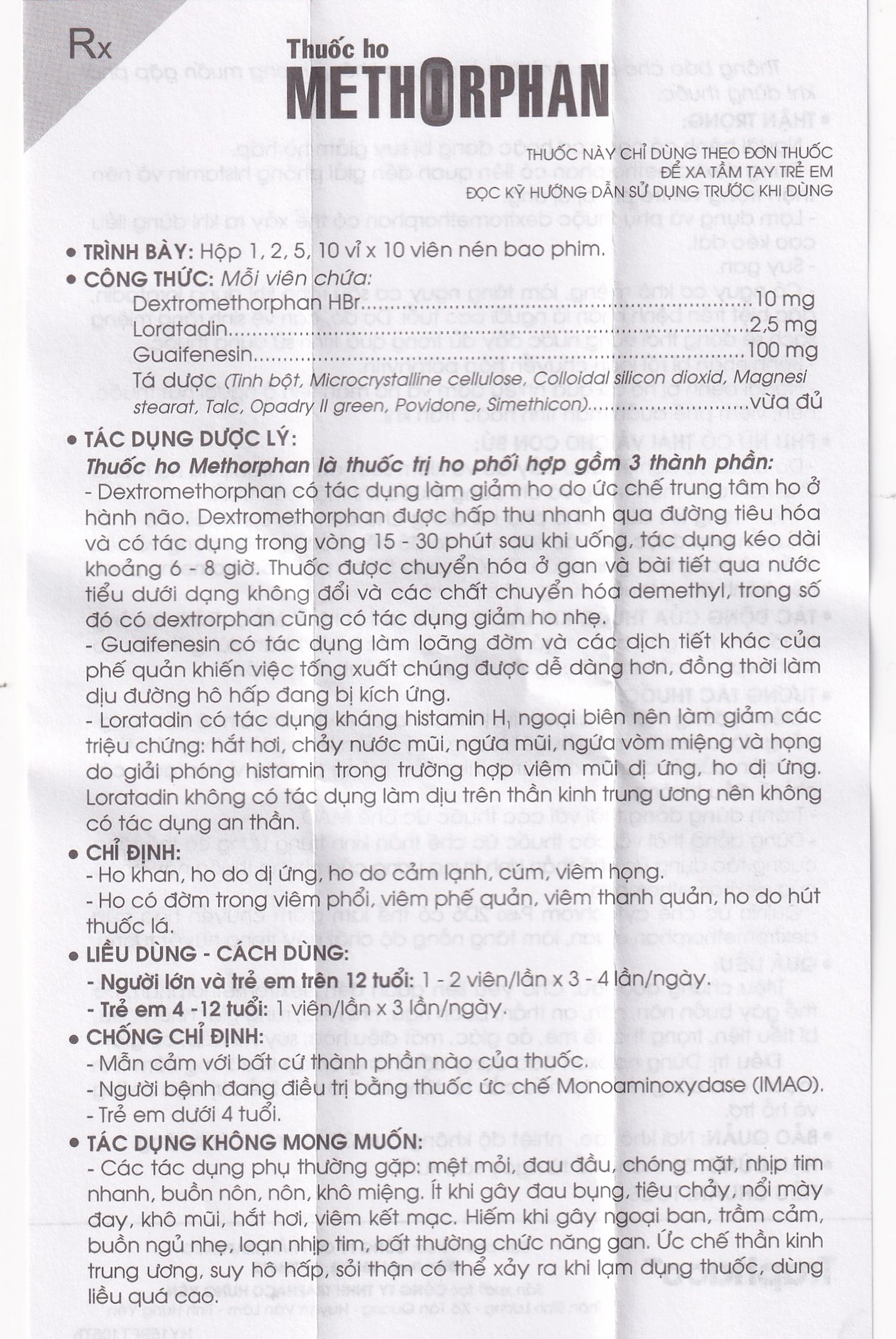 Thuốc ho Methorphan Traphaco cắt cơn ho, điều trị long đờm, chống dị ứng (2 vỉ x 10 viên)