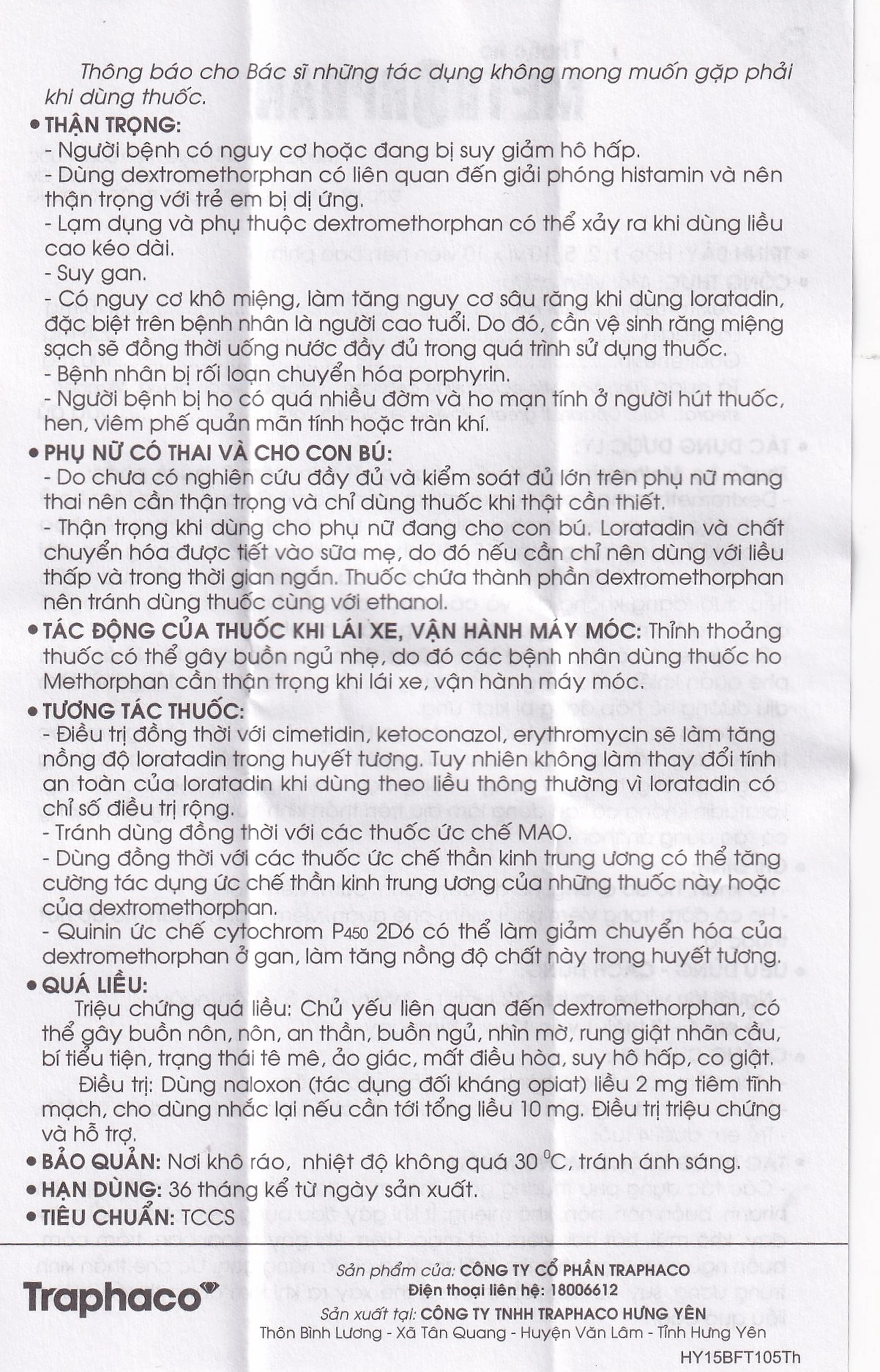 Thuốc ho Methorphan Traphaco cắt cơn ho, điều trị long đờm, chống dị ứng (2 vỉ x 10 viên)