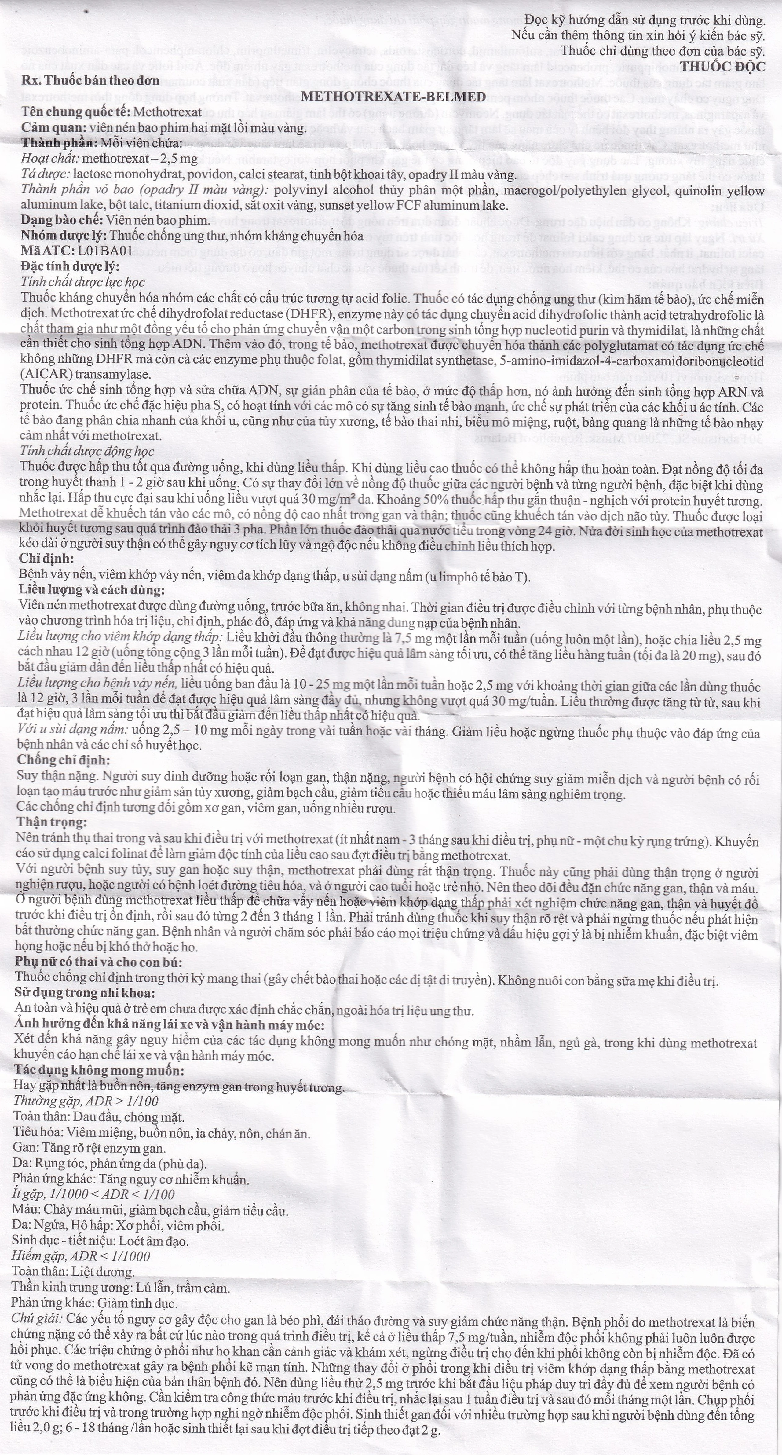 Thuốc Methotrexate Belmed 2.5mg điều trị bệnh vẩy nến, viêm khớp vảy nến, viêm khớp dạng thấp (20 viên)