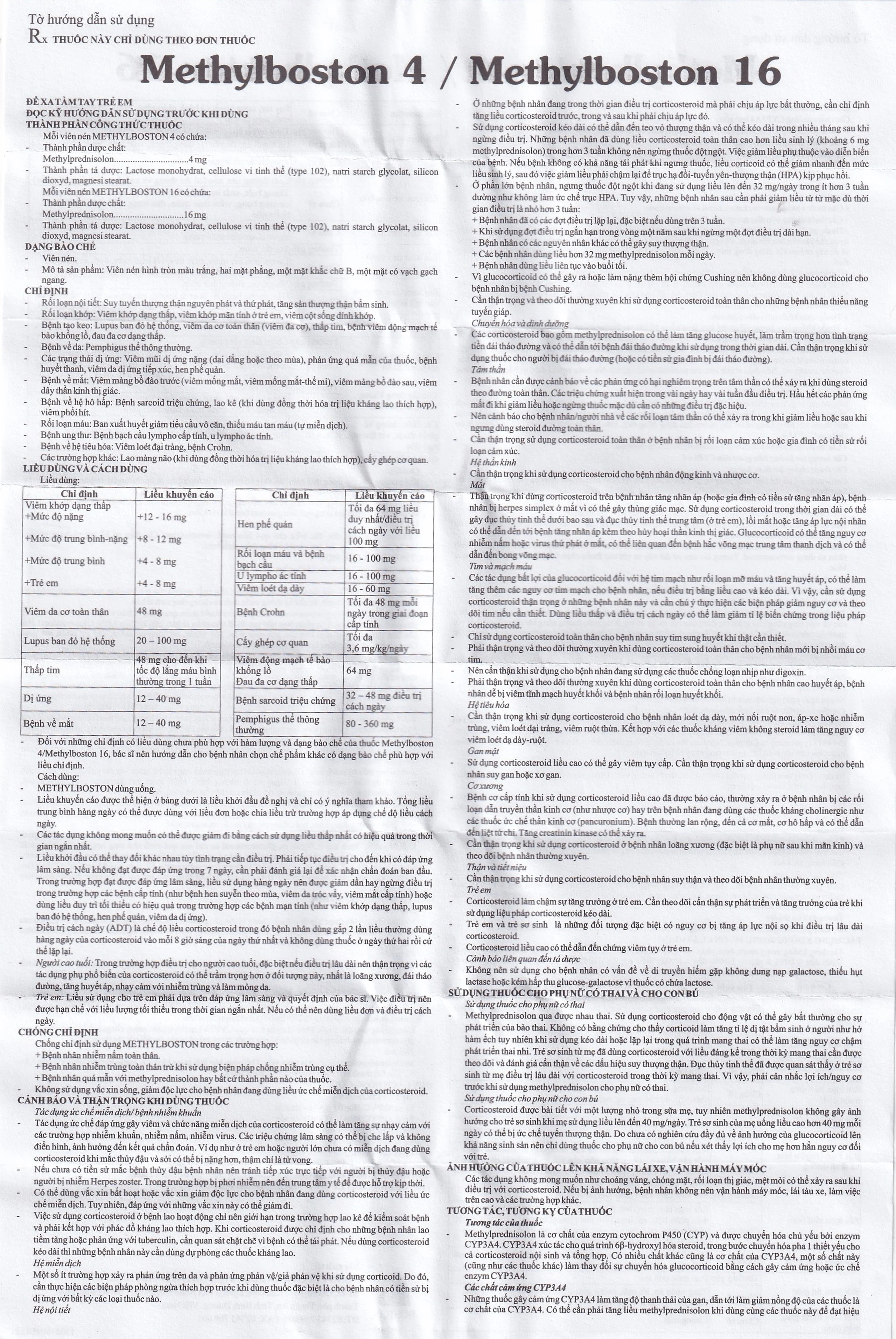 Thuốc Methylboston 16 Boston kháng viêm, điều trị suy tuyến thượng thận, viêm khớp, lupus ban đỏ (3 vỉ x 10 viên)