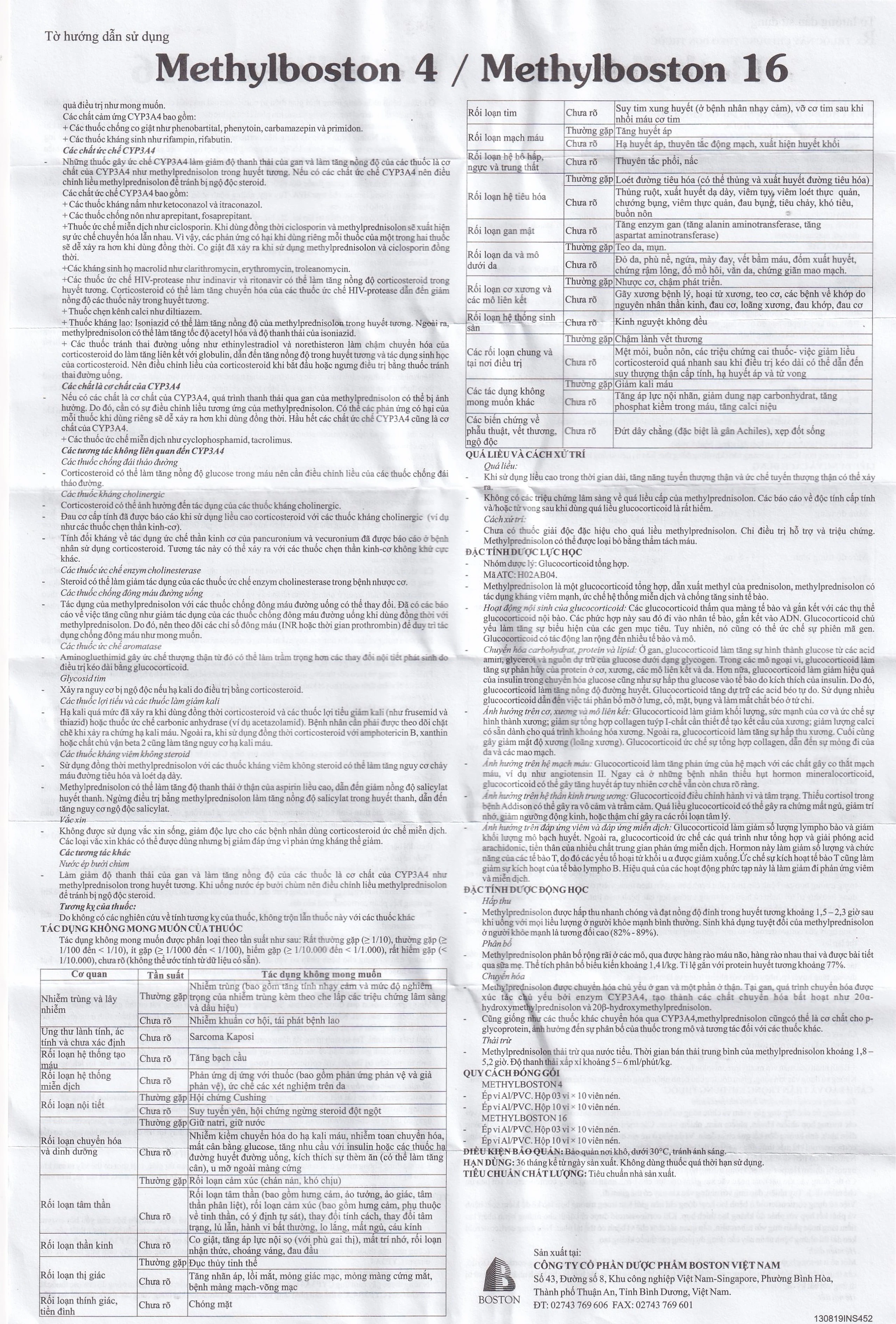 Thuốc Methylboston 16 Boston kháng viêm, điều trị suy tuyến thượng thận, viêm khớp, lupus ban đỏ (3 vỉ x 10 viên)