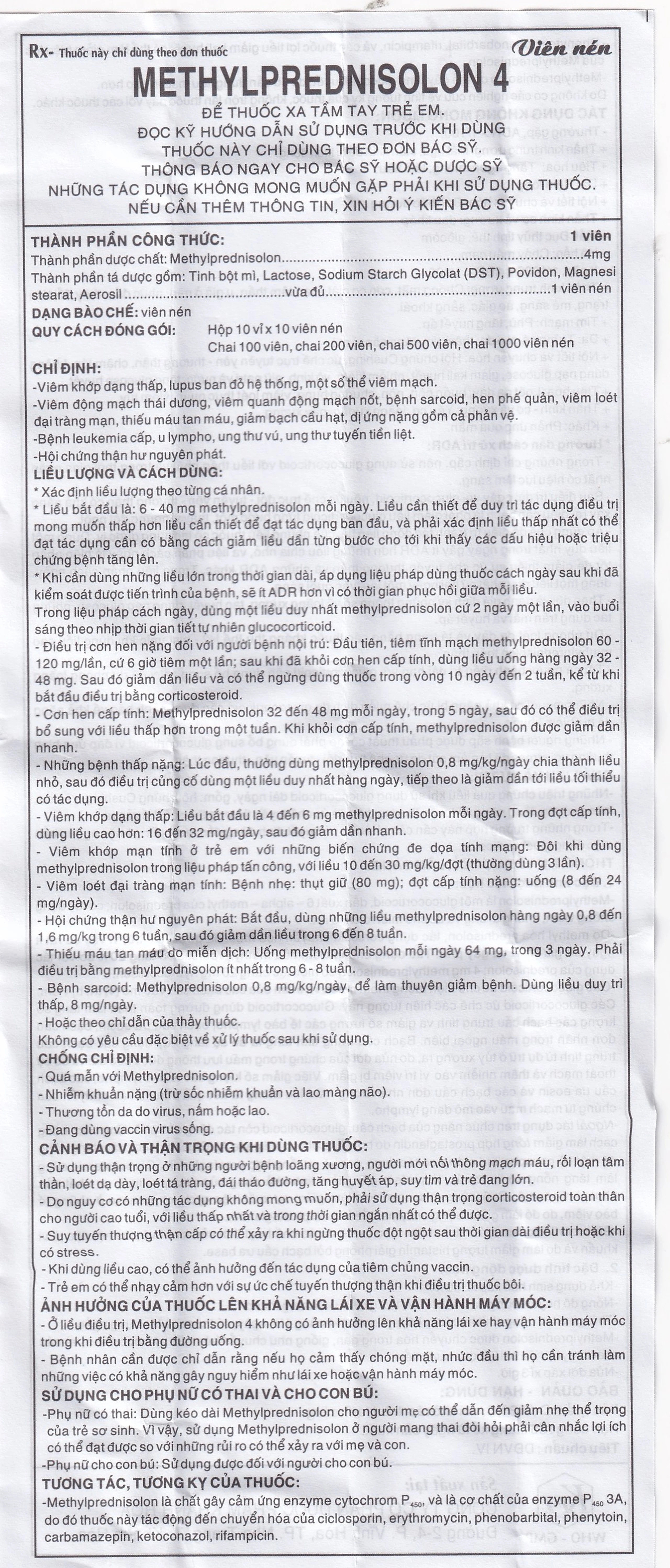 Thuốc Methylprednisolon 4 Khapharco kháng viêm, điều trị viêm khớp dạng thấp, lupus ban đỏ hệ thống (10 vỉ x 10 viên)