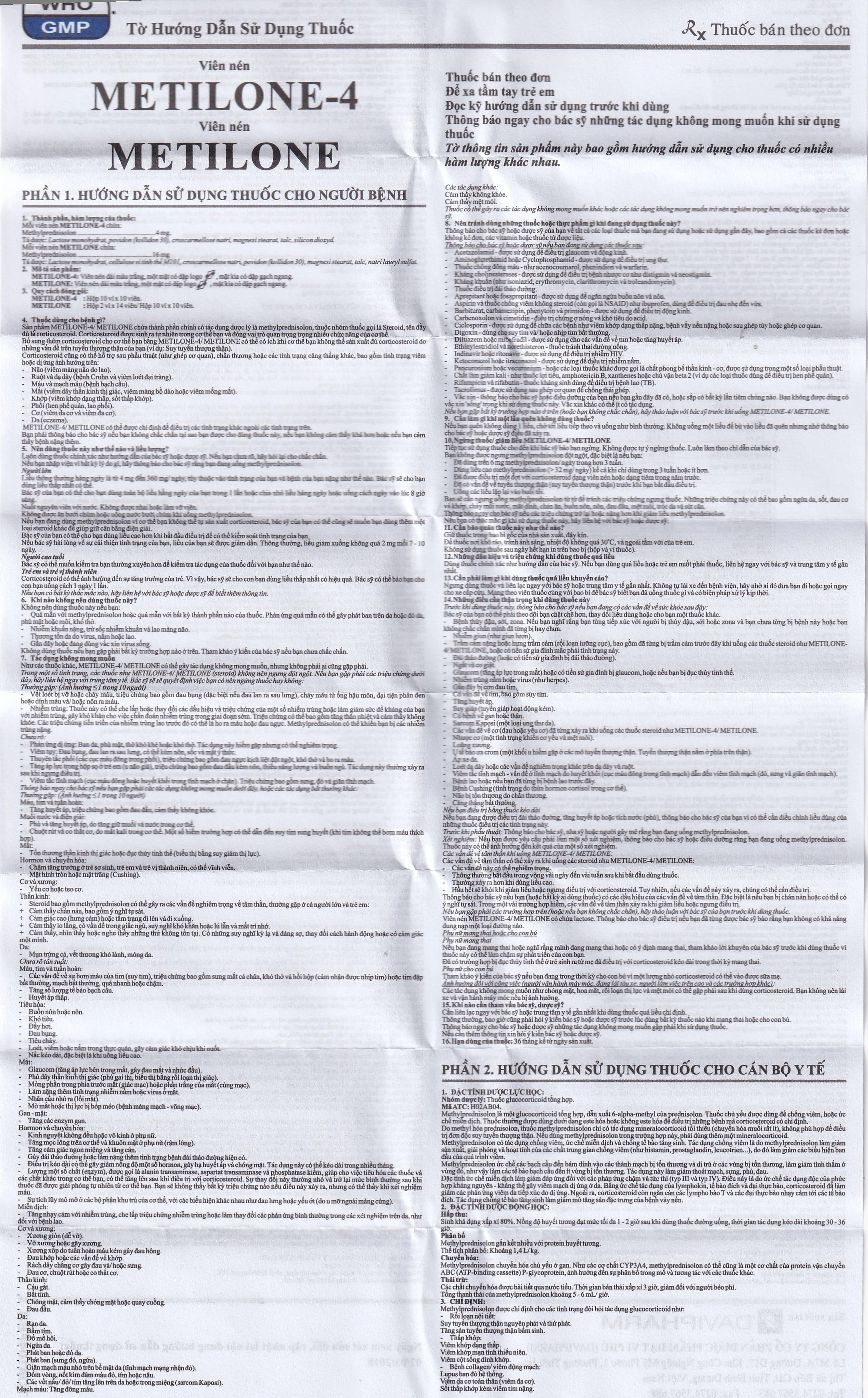 Thuốc Metilone 16mg DaViPharm kháng viêm, rối loạn nội tiết, viêm khớp (2 vỉ x 14 viên)