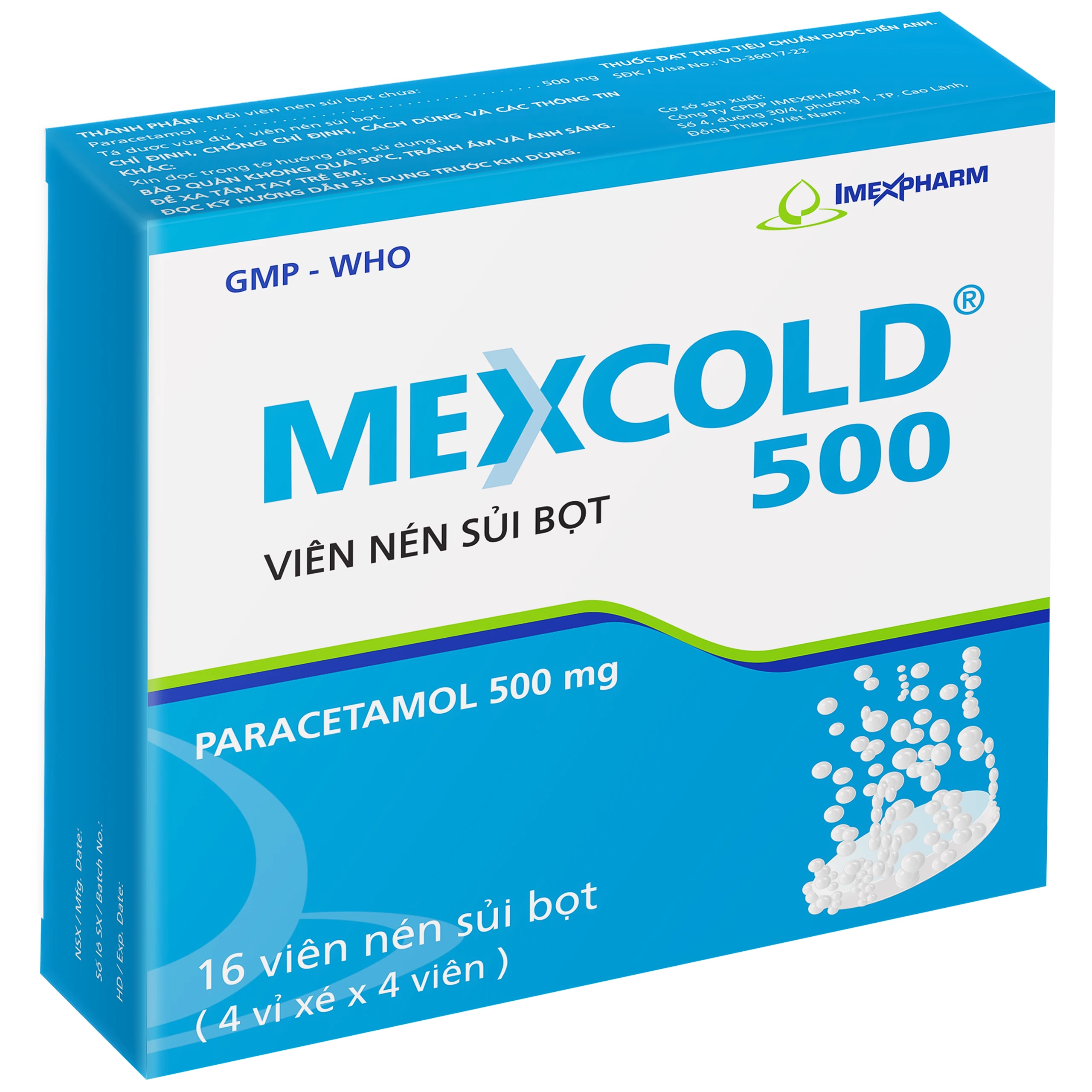 Thuốc Mexcold 500mg Imexpharm điều trị các chứng đau và sốt từ nhẹ đến vừa (4 vỉ 4 viên)