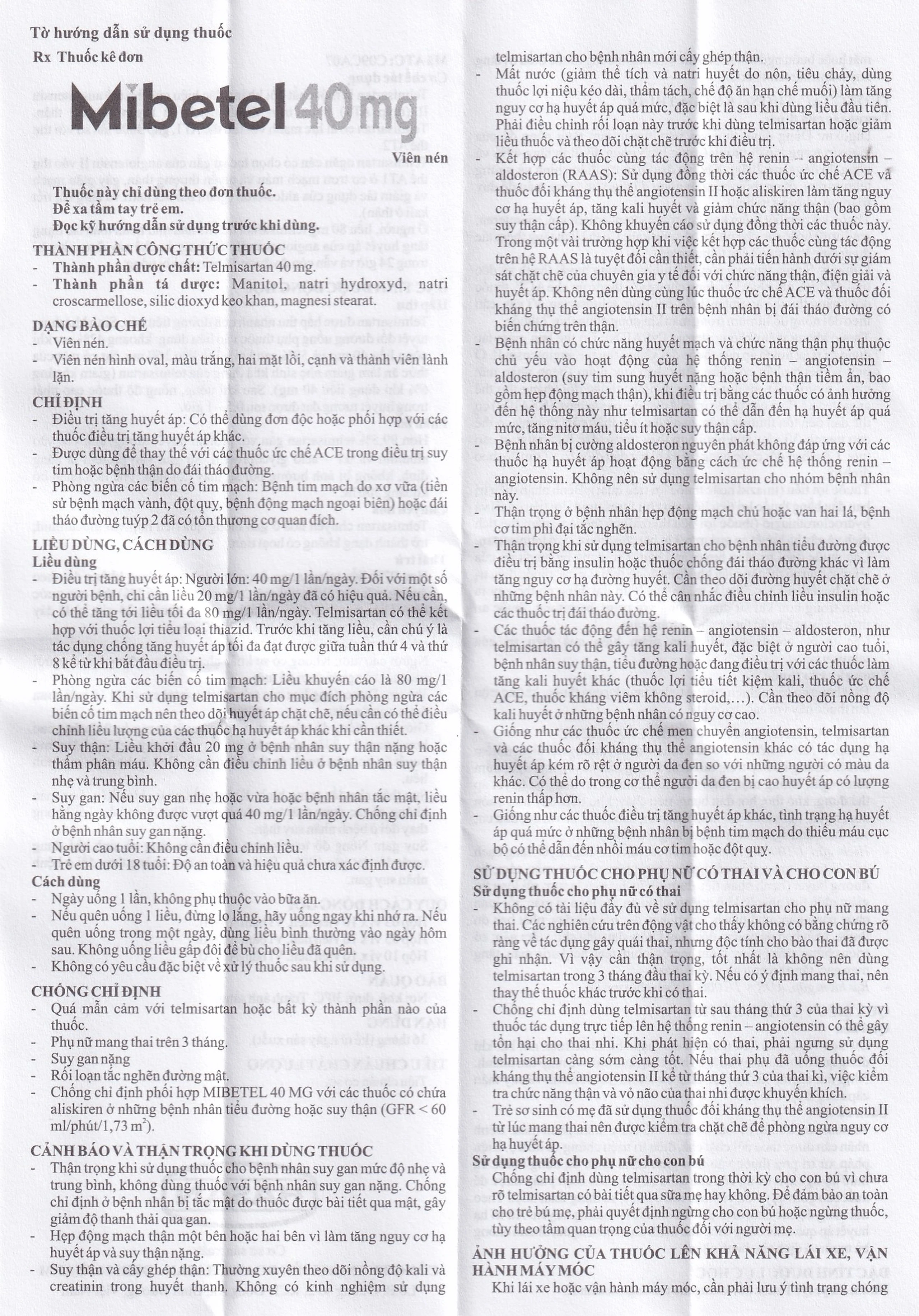 Viên nén Mibetel 40mg Hasan điều trị tăng huyết áp (3 vỉ x 10 viên)