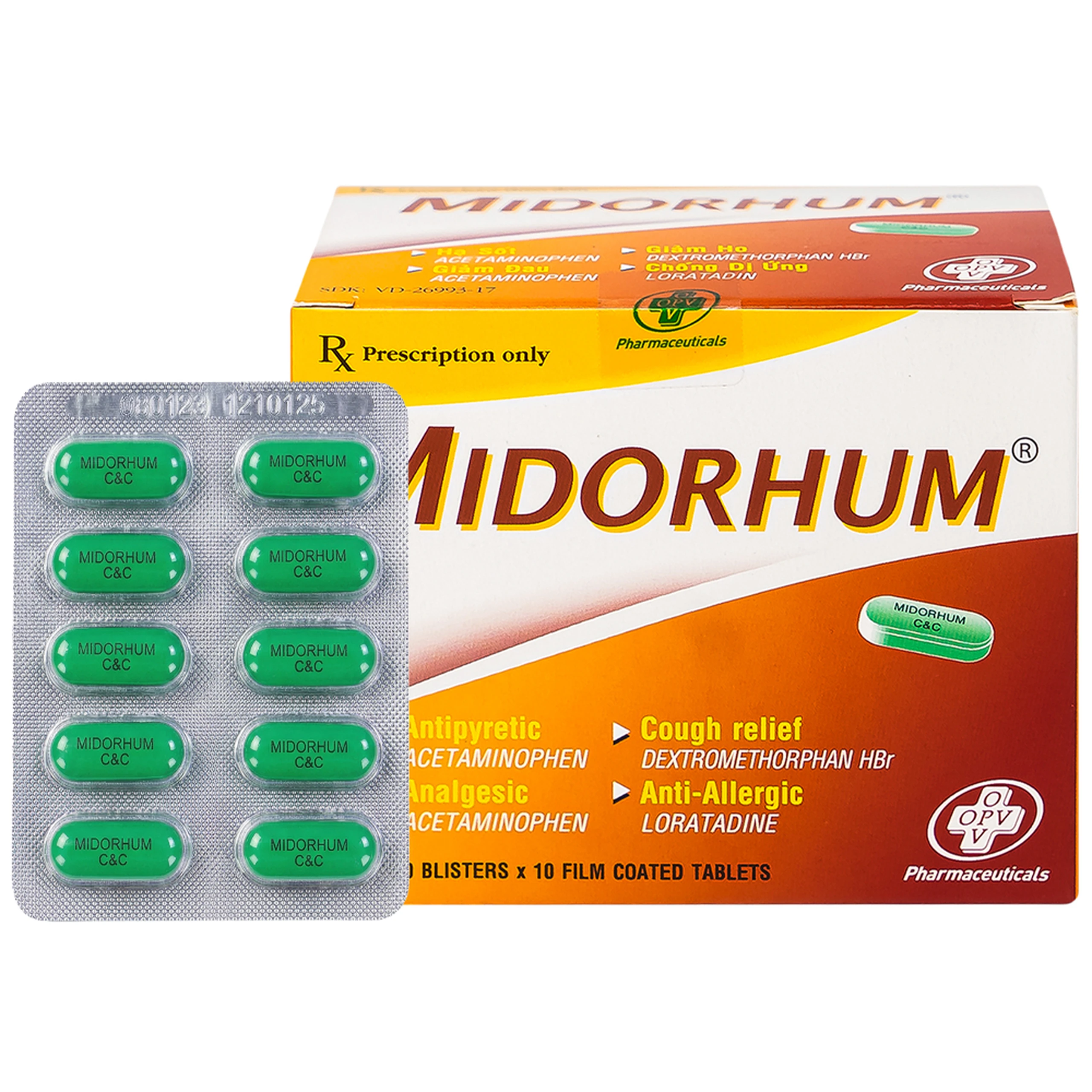 Viên nén Midorhum OPV hạ sốt, giảm ho, giảm đau, chống dị ứng (10 vỉ x 10 viên)