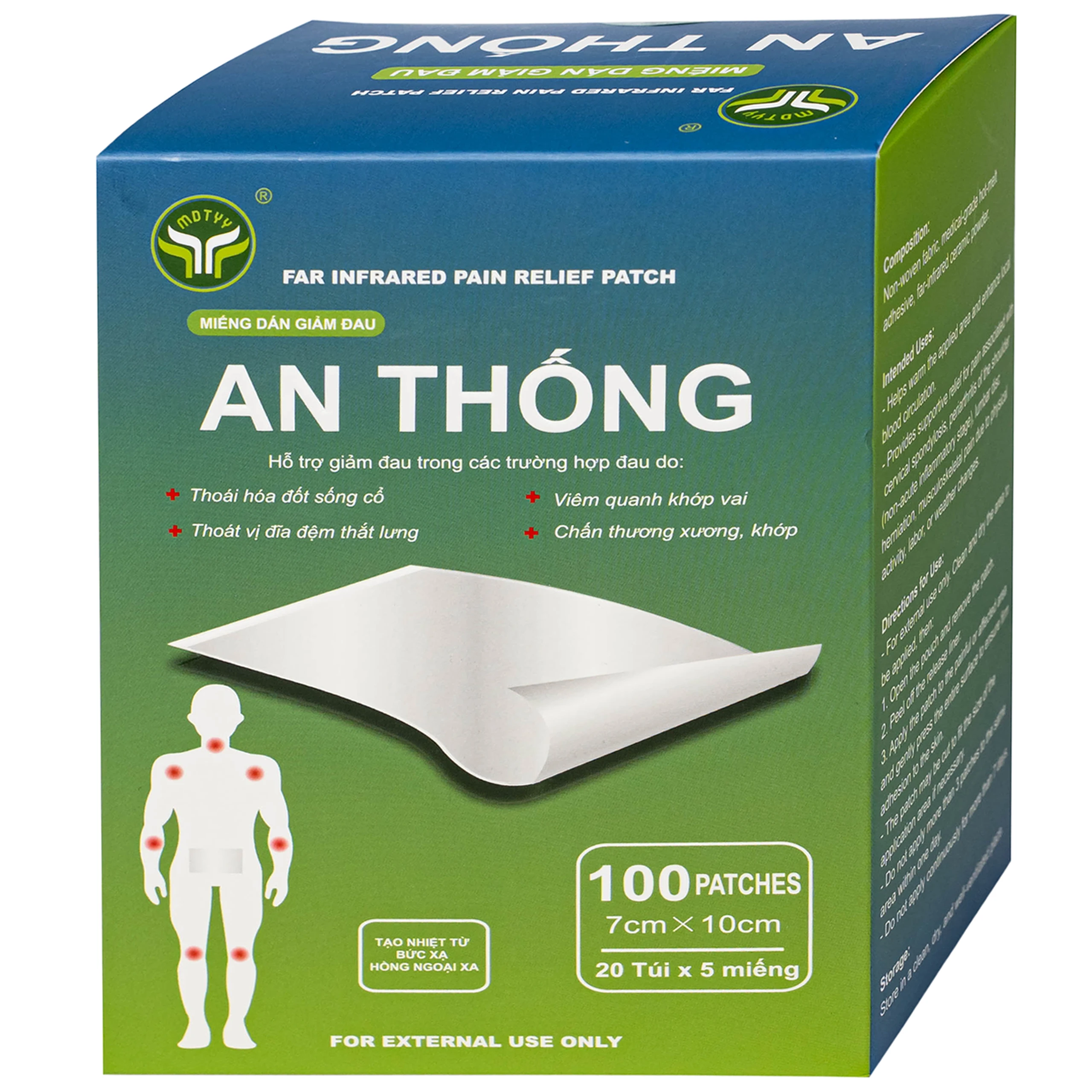 Miếng dán giảm đau An Thống Mdtyy giúp giảm đau cổ, đau mỏi vai gáy, đau lưng (20 túi x 5 miếng)