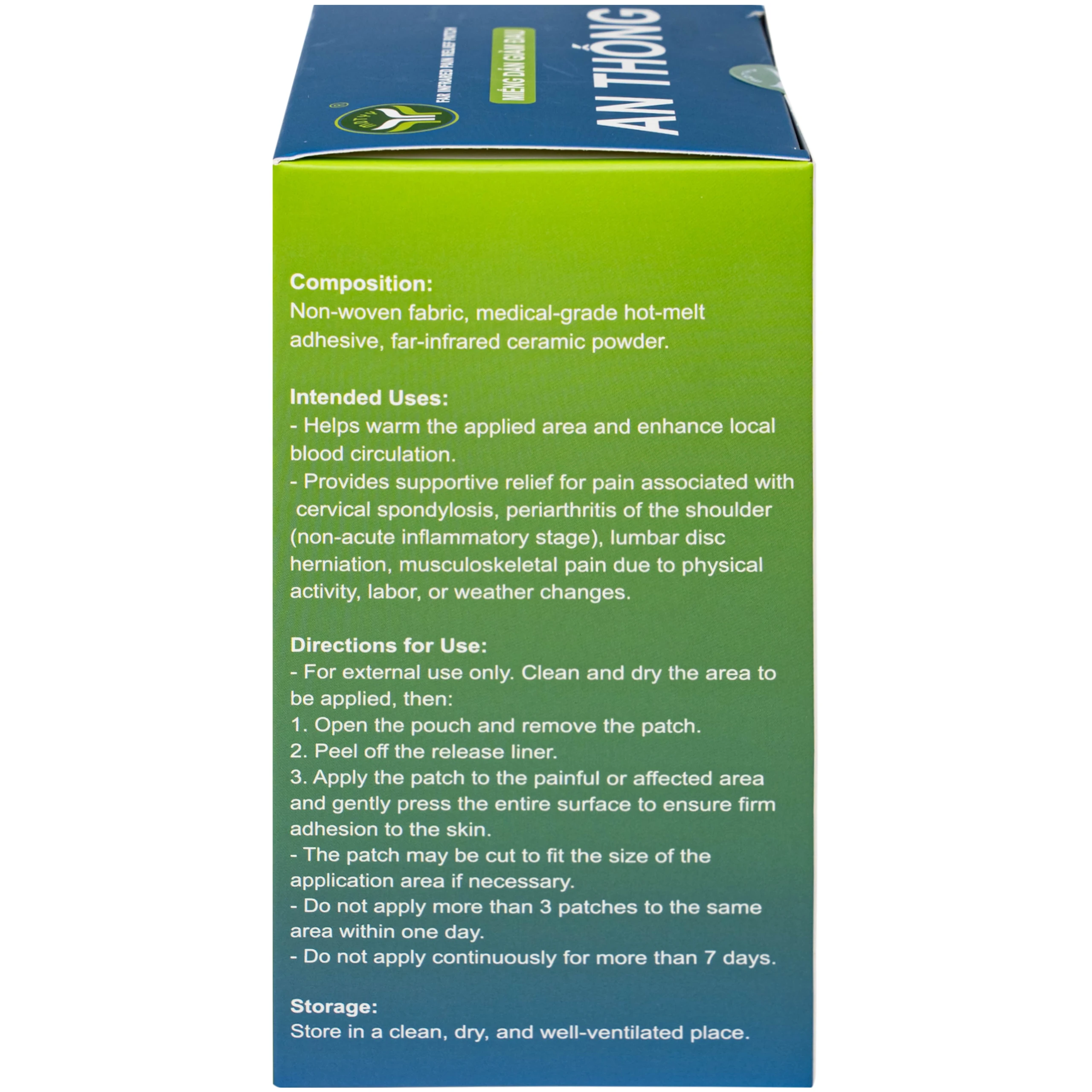 Miếng dán giảm đau An Thống Mdtyy giúp giảm đau cổ, đau mỏi vai gáy, đau lưng (20 túi x 5 miếng)