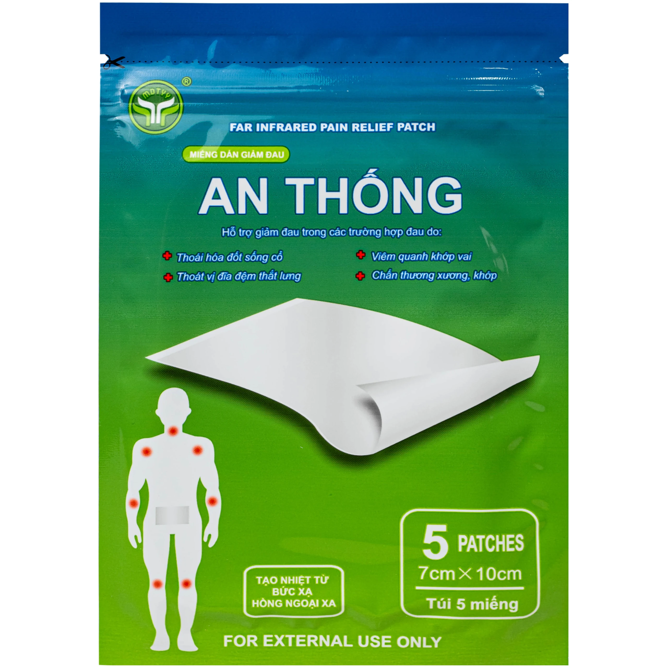 Miếng dán giảm đau An Thống Mdtyy giúp giảm đau cổ, đau mỏi vai gáy, đau lưng (20 túi x 5 miếng)