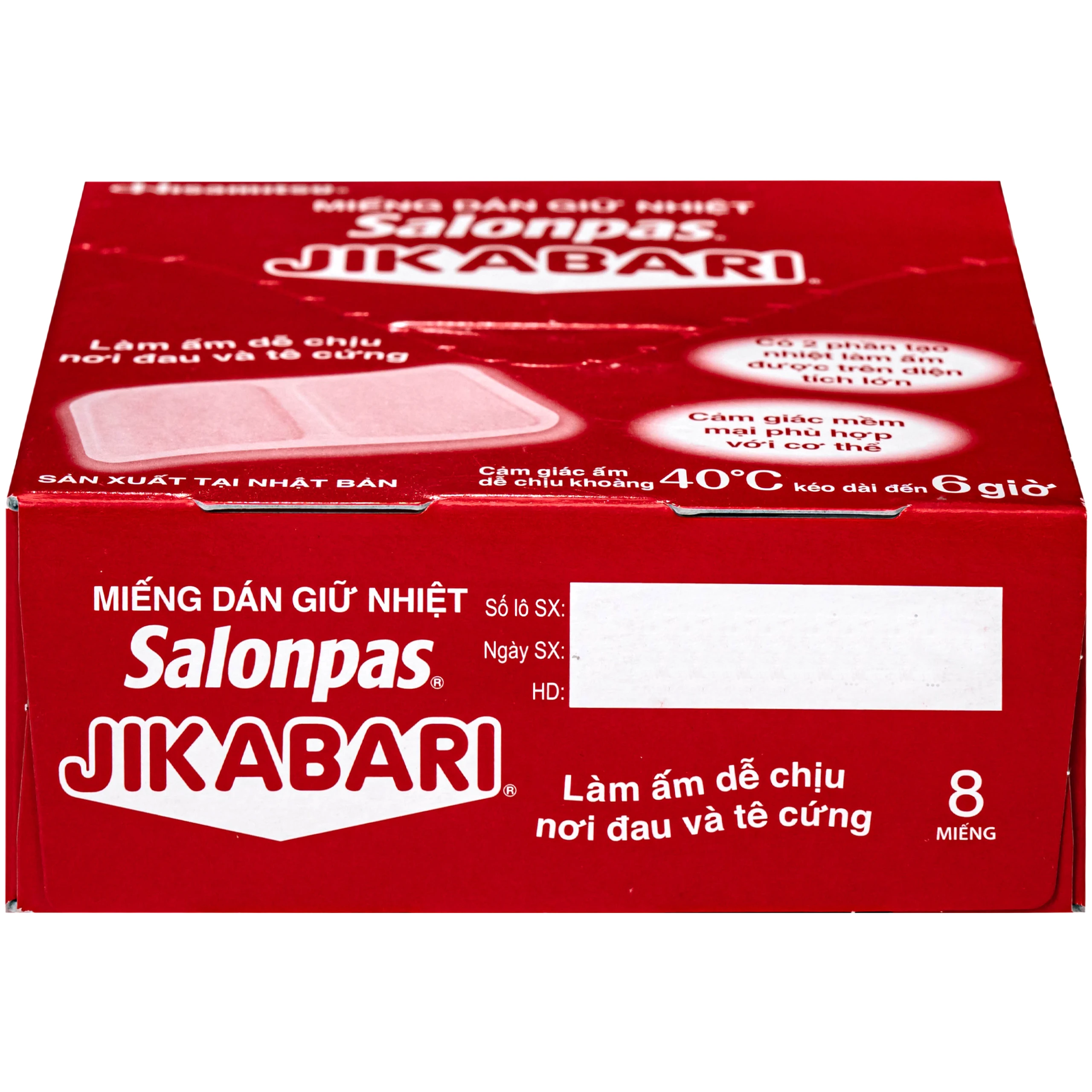 Miếng dán giữ nhiệt Salonpas Jikabari Hisamitsu 8.4x13cm (8 miếng) giúp làm ấm, làm dễ chịu vùng da đau và tê cứng