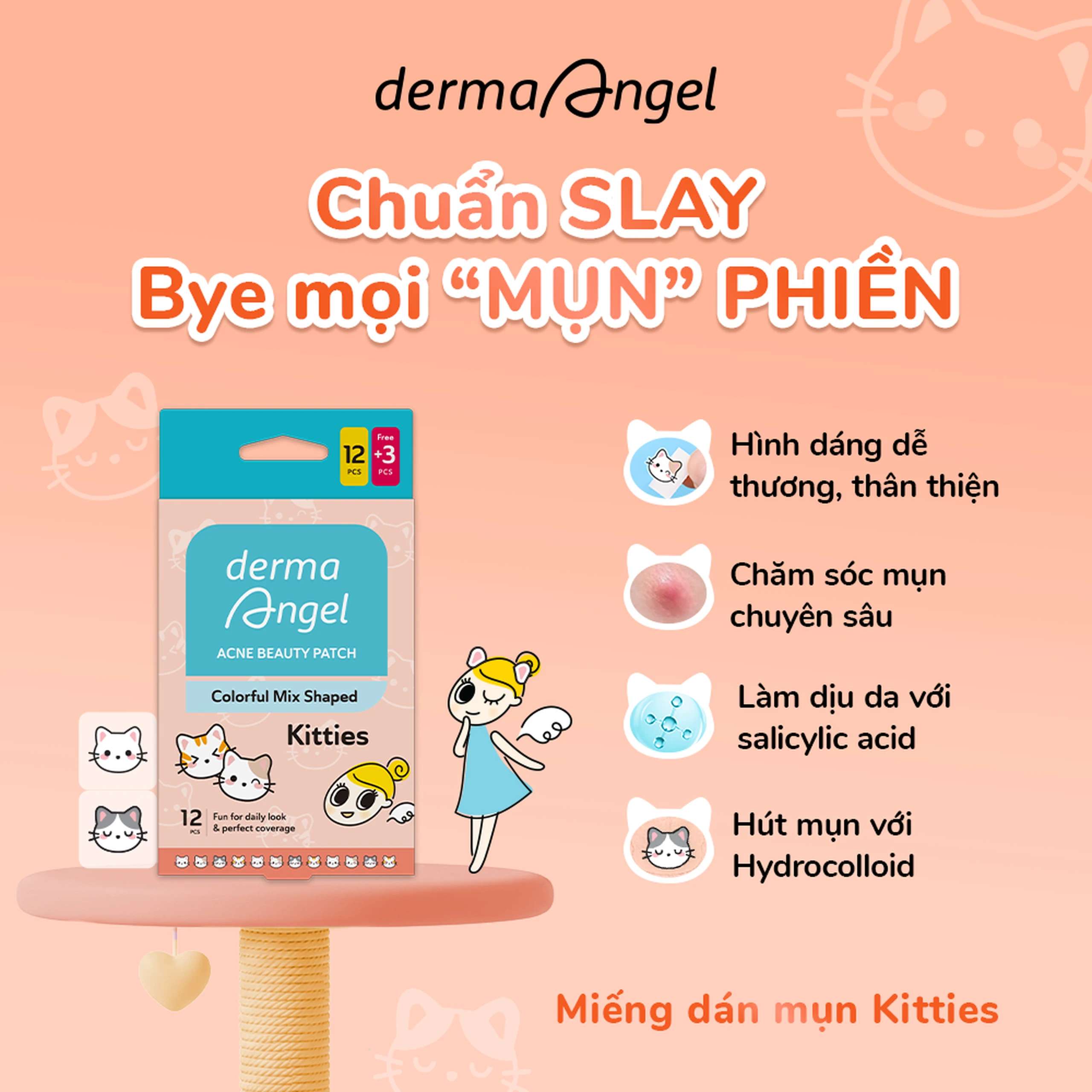 Miếng Dán Mụn Derma Angel Acne Beauty Patch Hình Kitties 12+3 Miếng 5