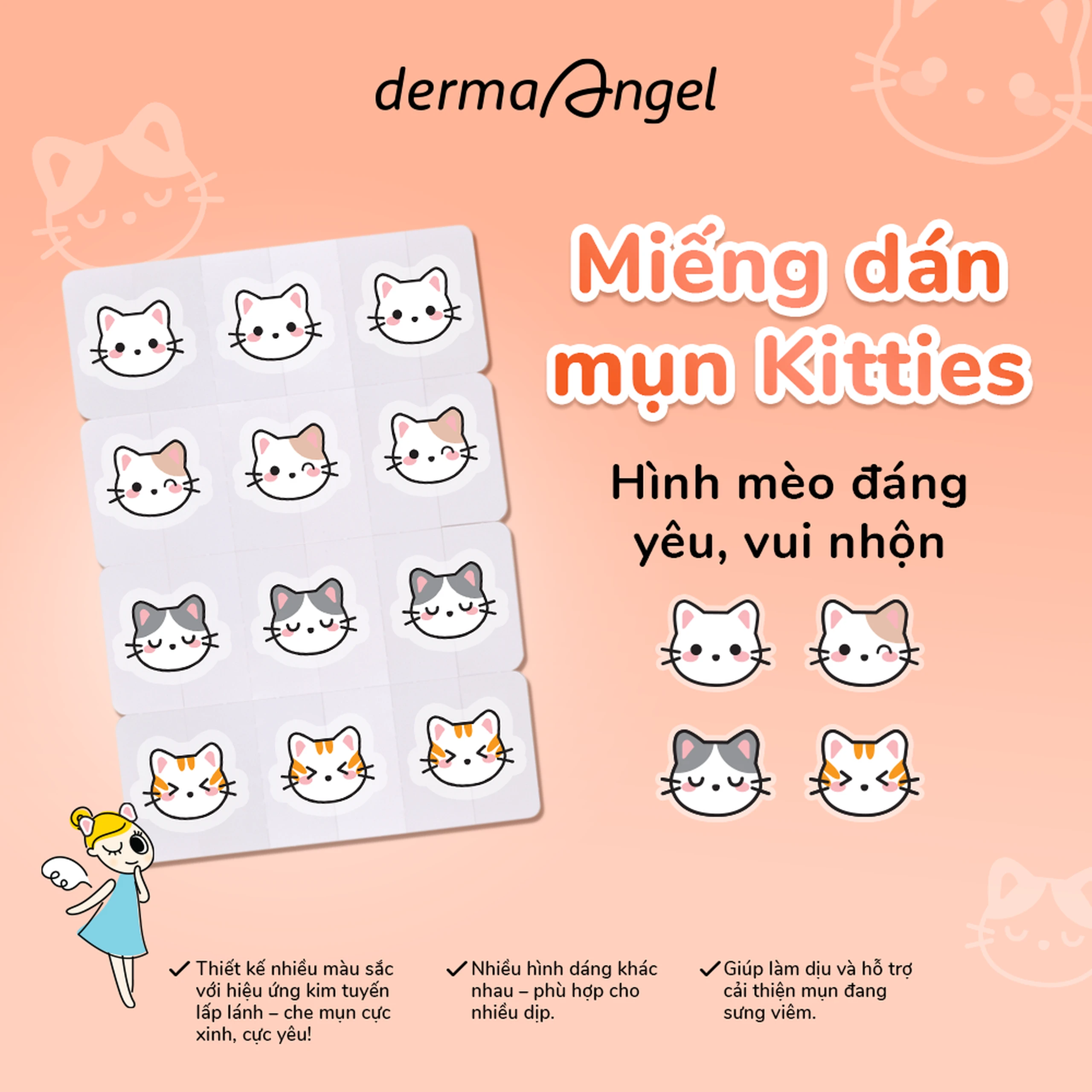 Miếng Dán Mụn Derma Angel Acne Beauty Patch Hình Kitties 12+3 Miếng 4