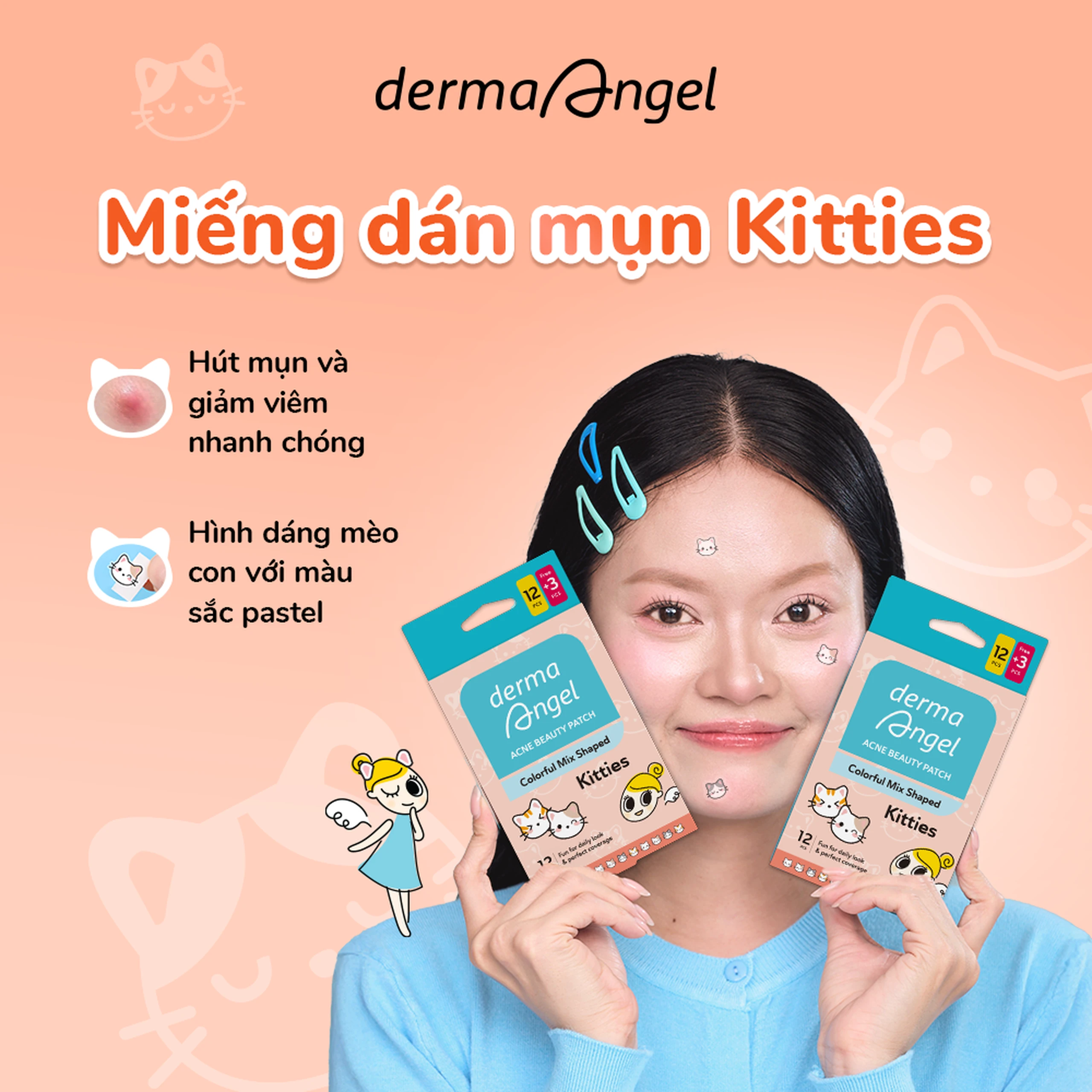 Miếng Dán Mụn Derma Angel Acne Beauty Patch Hình Kitties 12+3 Miếng 3