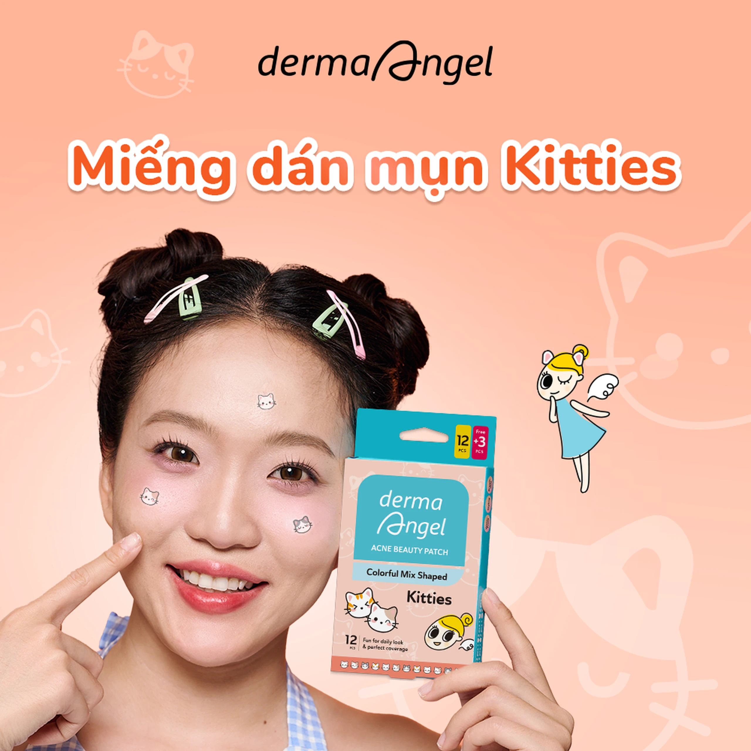 Miếng Dán Mụn Derma Angel Acne Beauty Patch Hình Kitties 12+3 Miếng 2