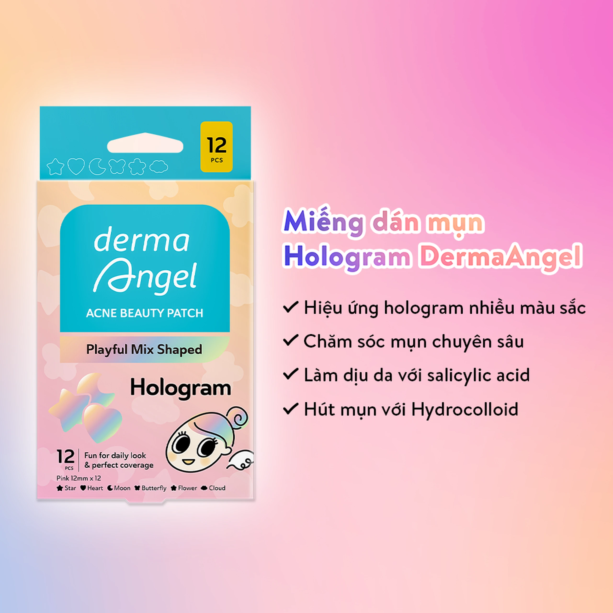 Miếng Dán Mụn Derma Angel Acne Beauty Patch Hologram 12+3 Miếng 3