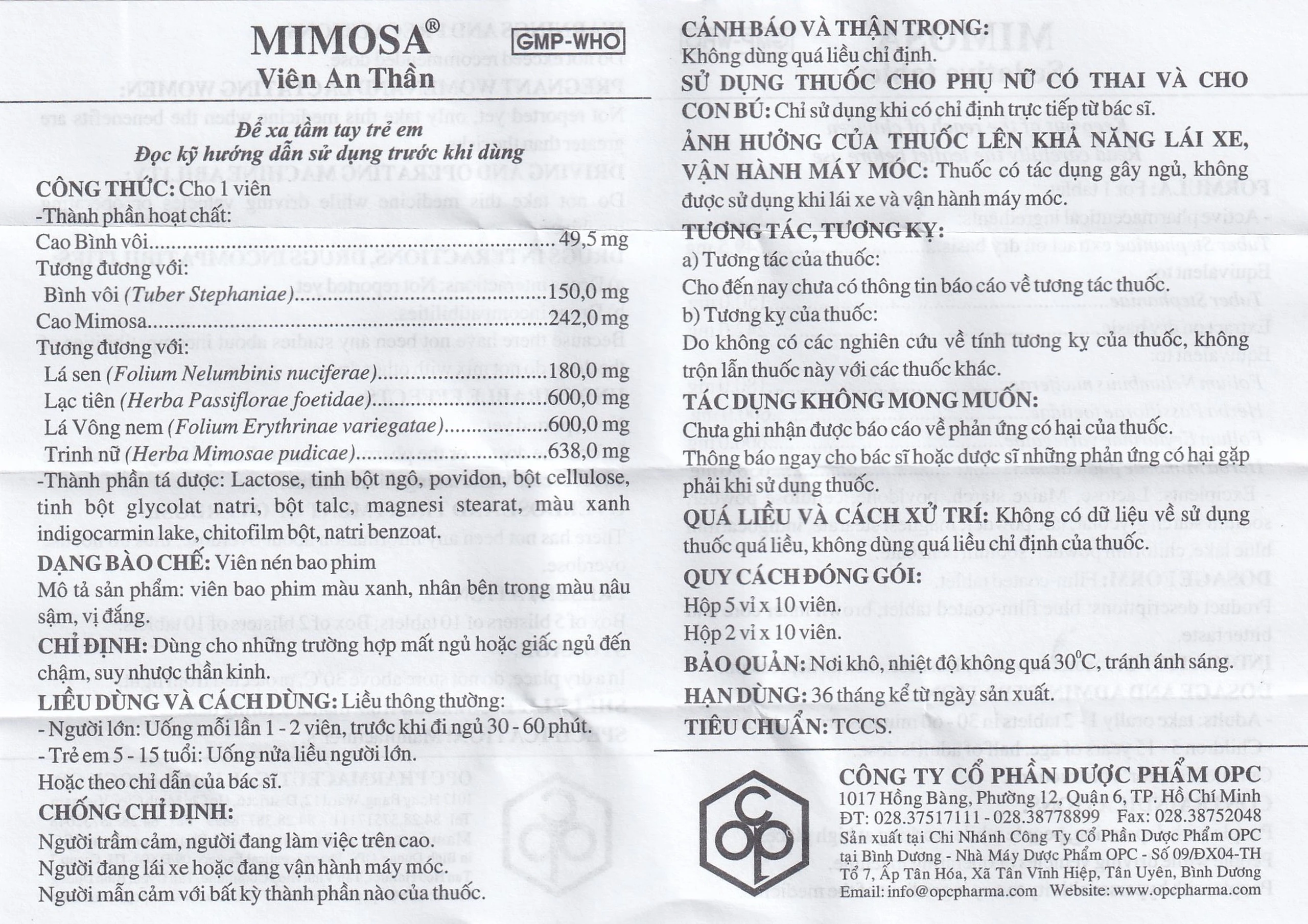 Viên an thần Mimosa OPC dùng cho trường hợp mất ngủ, suy nhược thần kinh (5 vỉ x 10 viên)