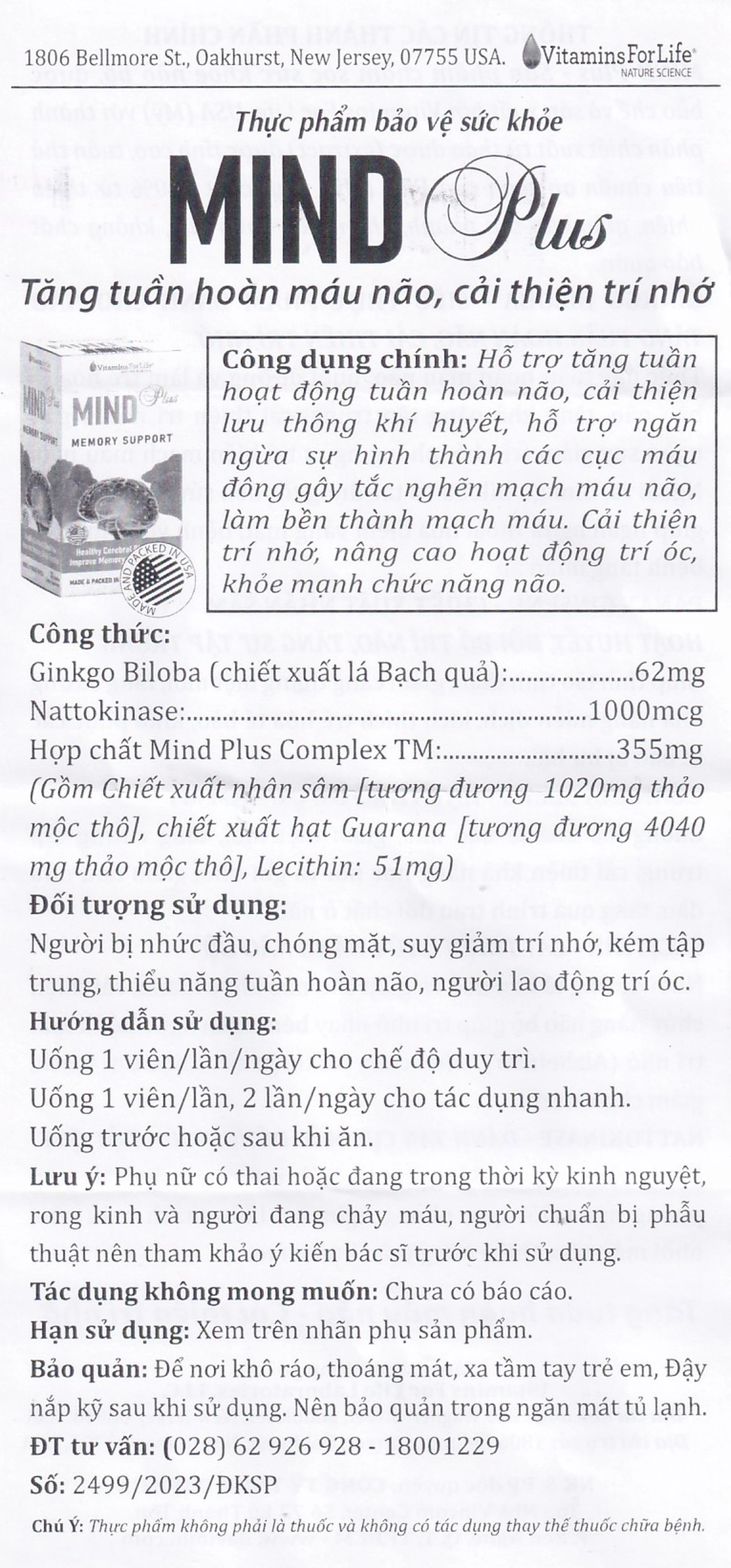 Viên uống hỗ trợ tăng tuần hoàn não, cải thiện trí nhớ Mind Plus Vitamins For Life (30 viên)