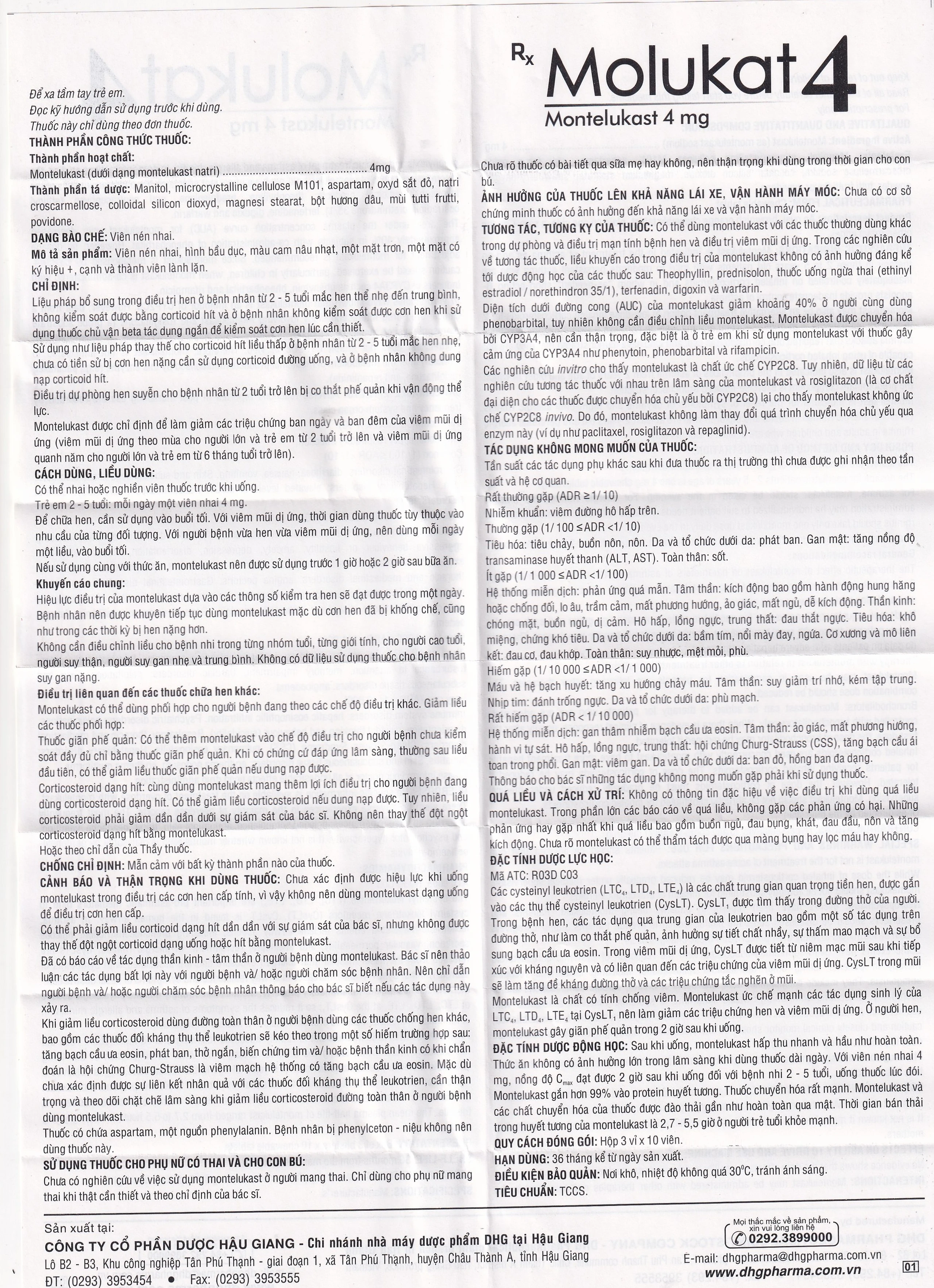 Thuốc Molukat 4mg DHG phòng và điều trị hen suyễn mức nhẹ đến trung bình (3 vỉ x 10 viên)