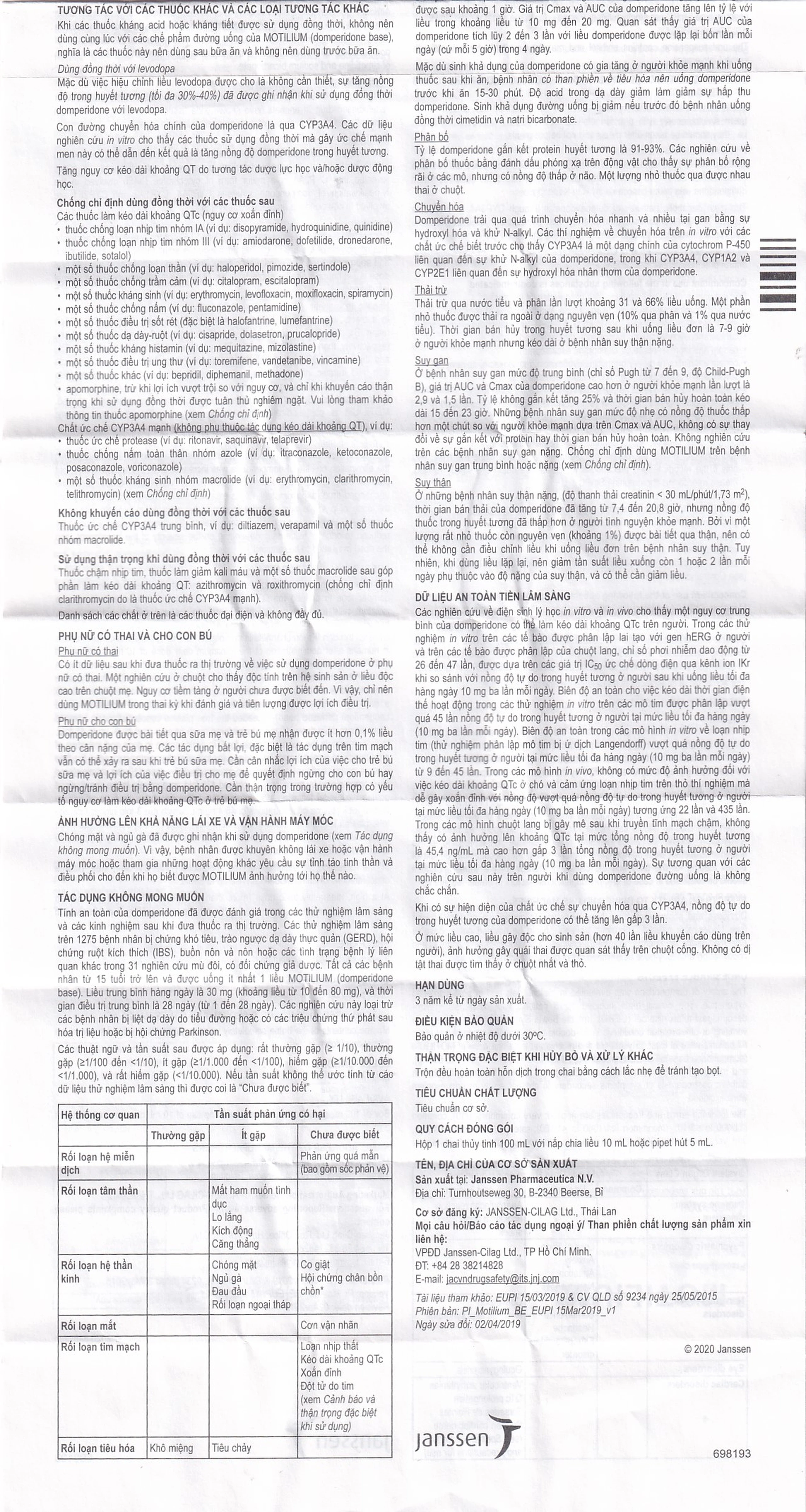 Hỗn dịch uống Motilium Janssen điều trị triệu chứng nôn và buồn nôn (100ml)