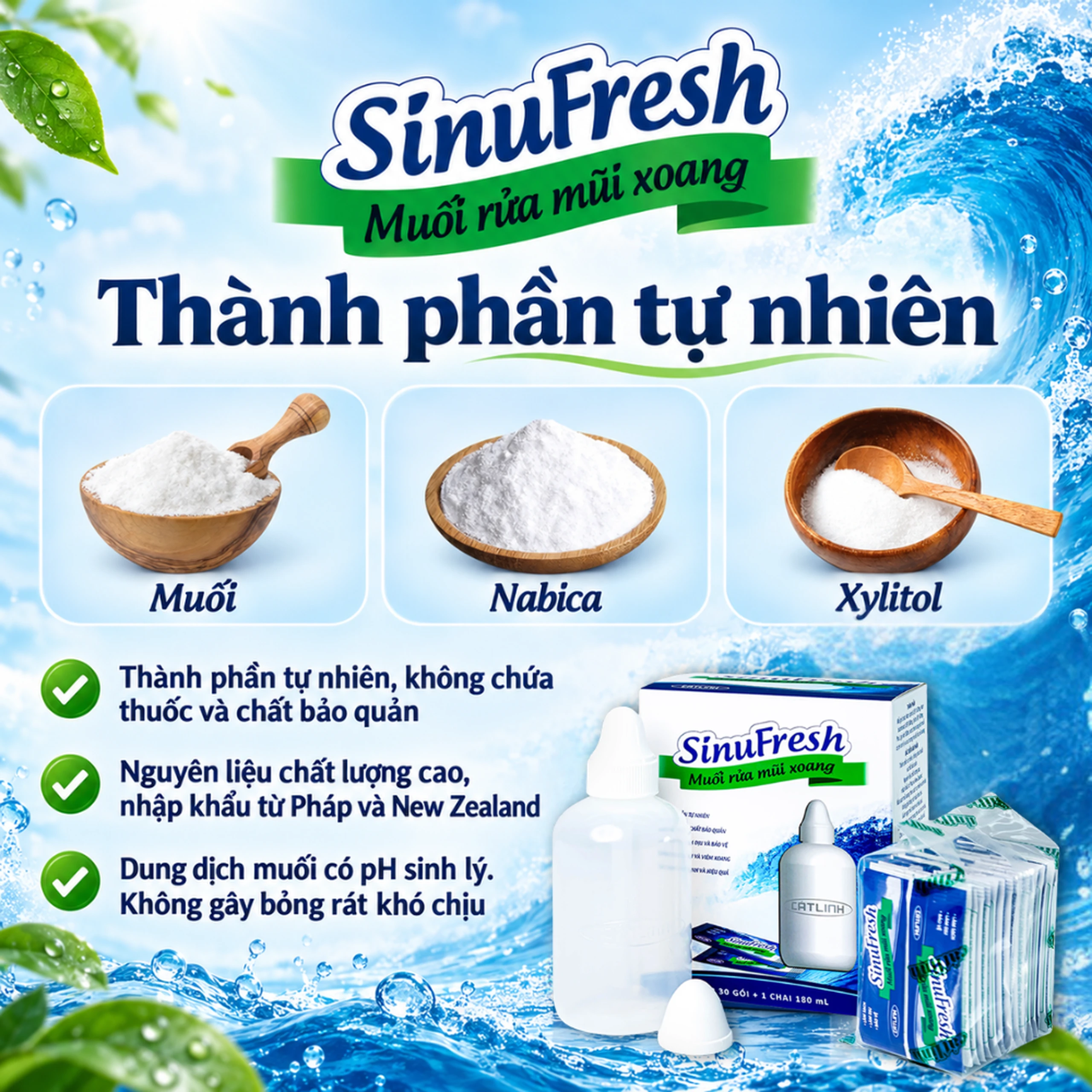 Muối rửa mũi xoang Sinufresh Cát Linh (30 gói và 1 chai 180ml) giúp làm sạch, giảm ngạt mũi, sổ mũi 3