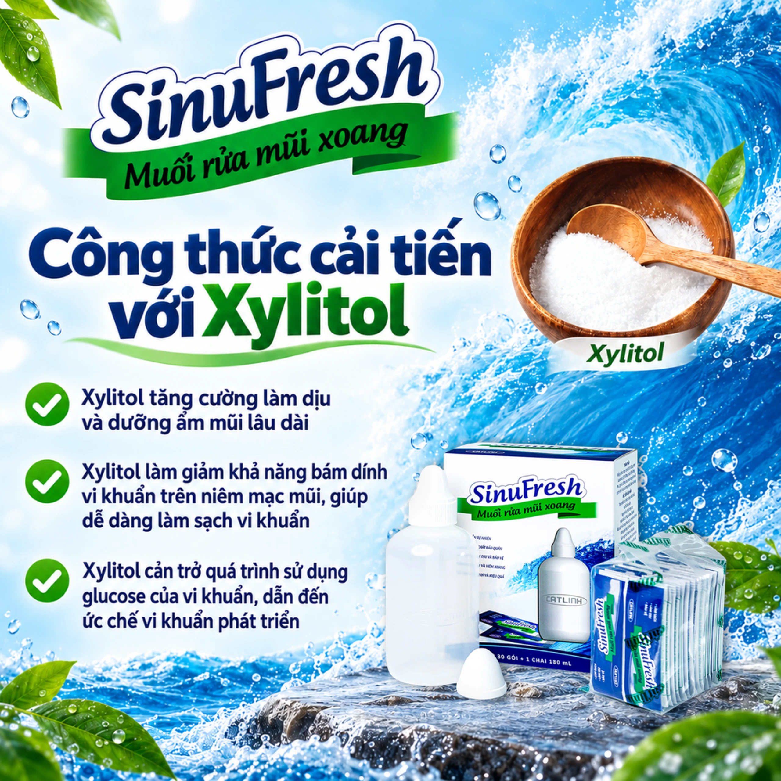 Muối rửa mũi xoang Sinufresh Cát Linh (30 gói và 1 chai 180ml) giúp làm sạch, giảm ngạt mũi, sổ mũi 4