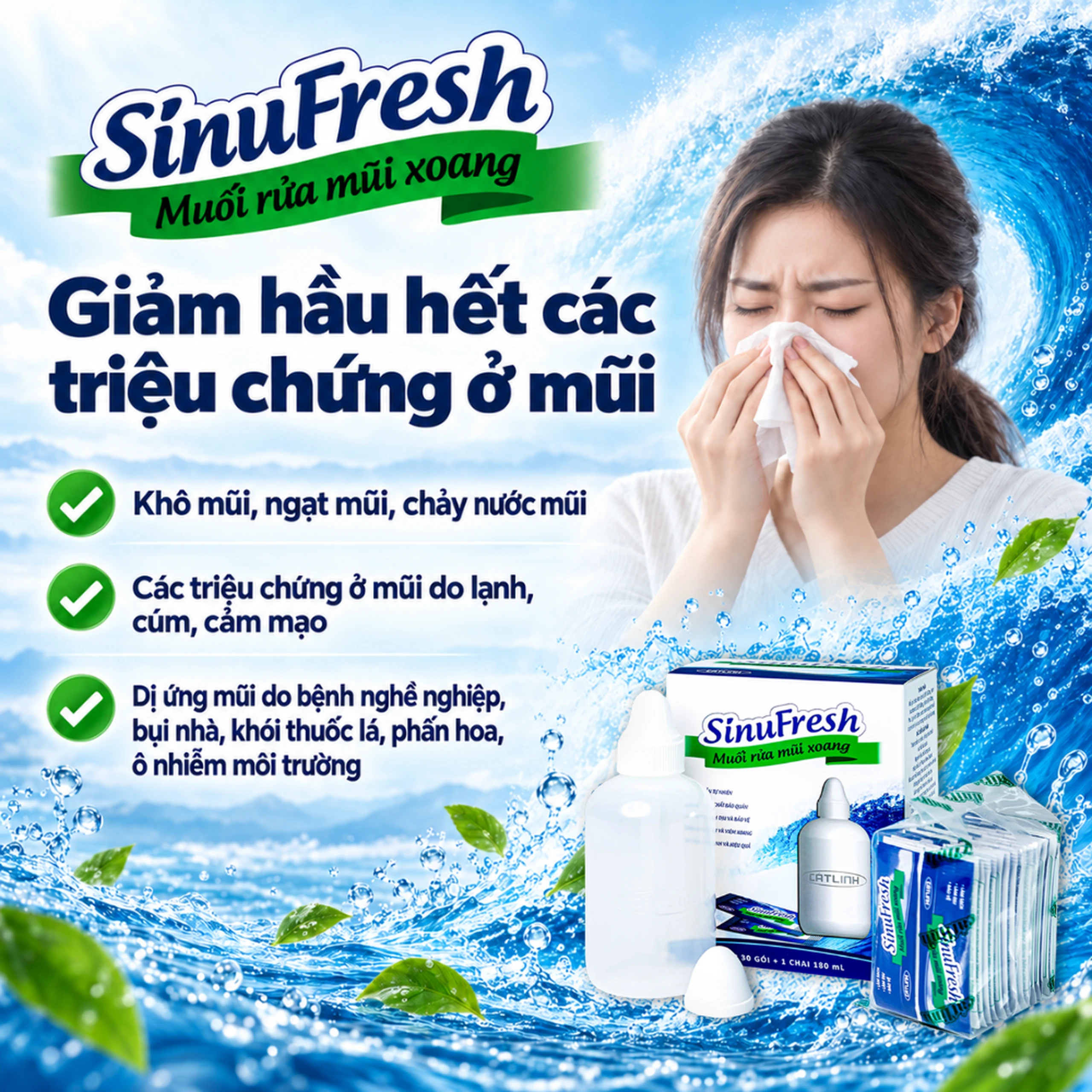 Muối rửa mũi xoang Sinufresh Cát Linh (30 gói và 1 chai 180ml) giúp làm sạch, giảm ngạt mũi, sổ mũi 5