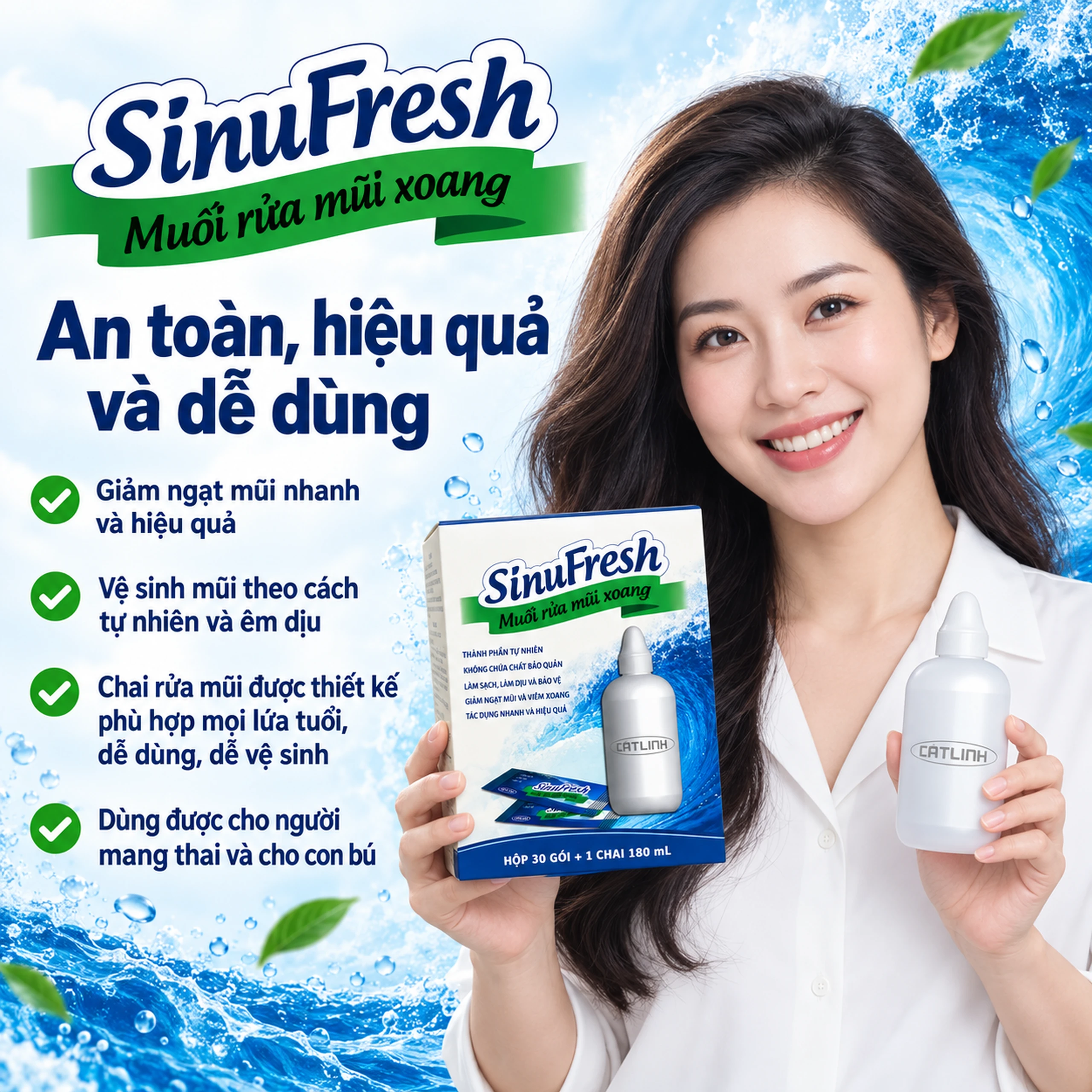 Muối rửa mũi xoang Sinufresh Cát Linh (30 gói và 1 chai 180ml) giúp làm sạch, giảm ngạt mũi, sổ mũi 7