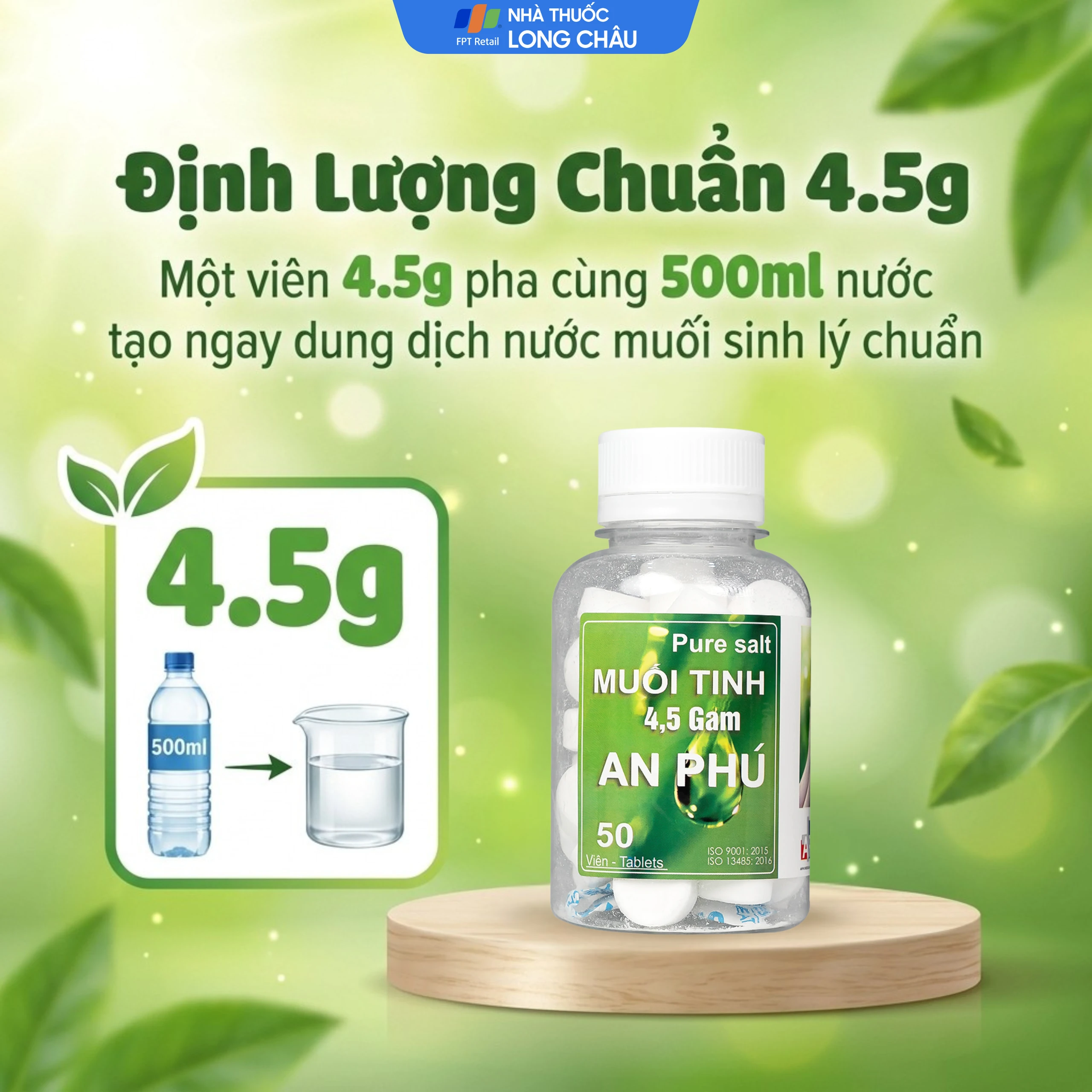 Muối tinh 4.5 gam An Phú (50 viên) nước muối sinh lý gia đình tự pha dùng rửa mũi 4