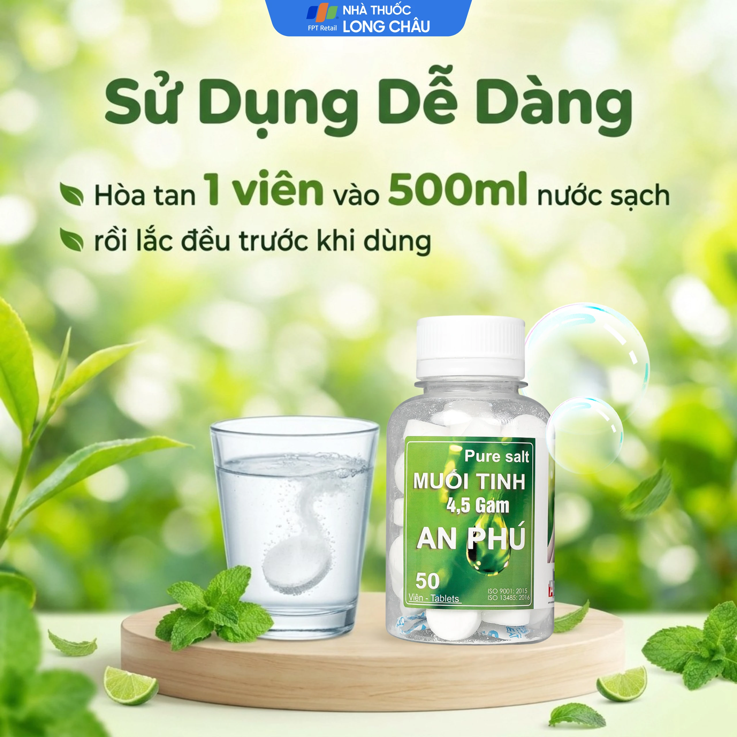 Muối tinh 4.5 gam An Phú (50 viên) nước muối sinh lý gia đình tự pha dùng rửa mũi 7