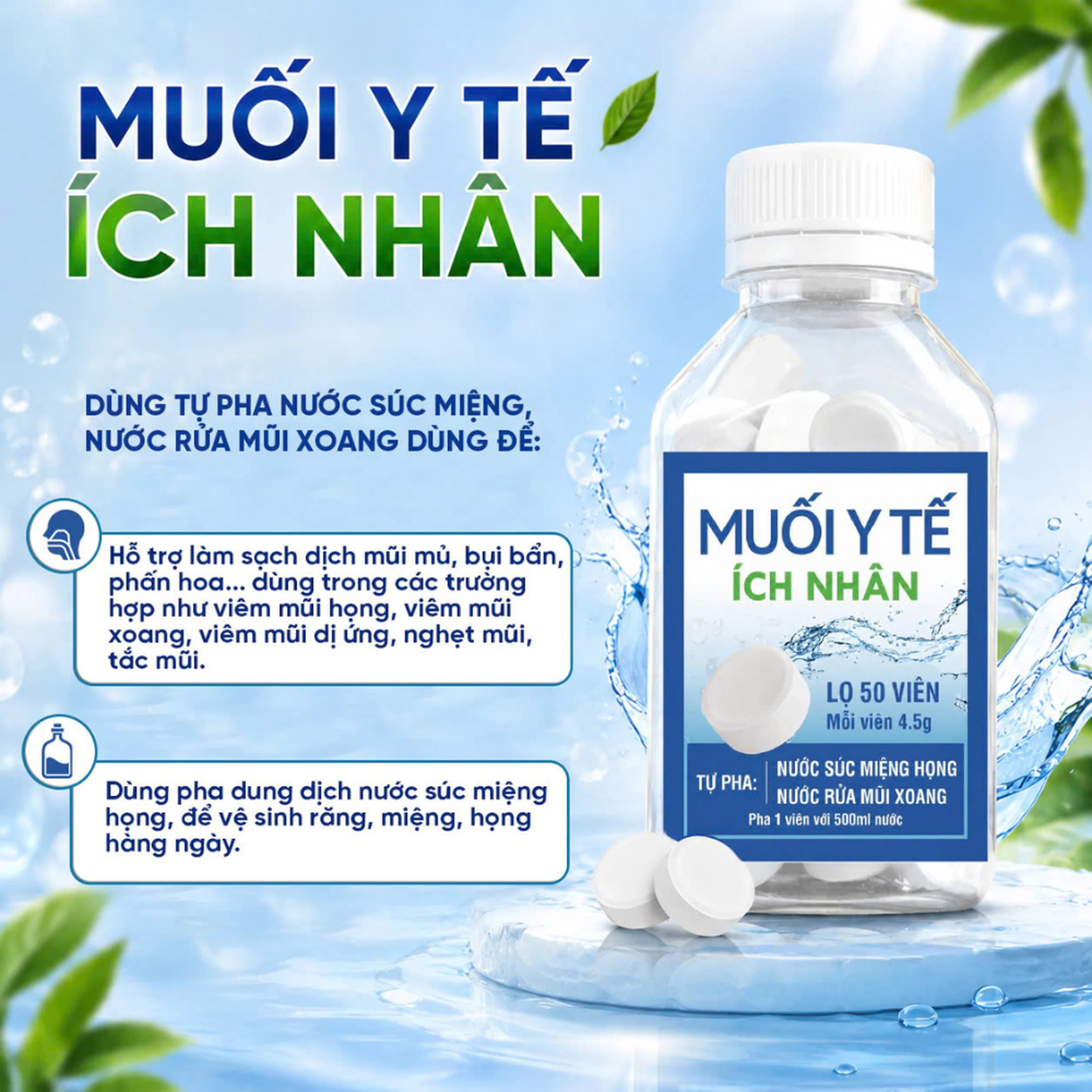 Muối y tế Ích Nhân (50 viên x 4.5g) dùng pha nước súc miệng, họng, rửa mũi 5