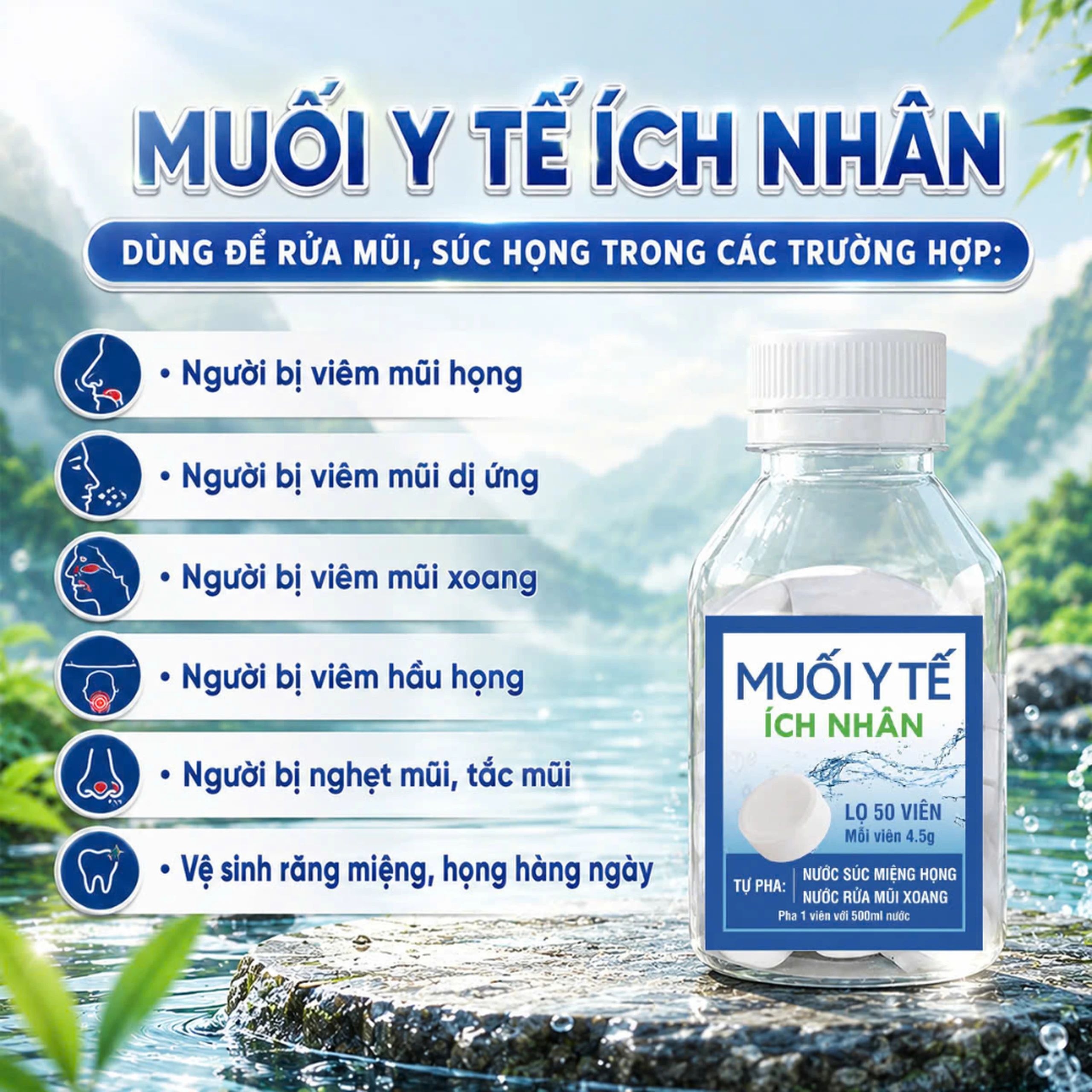 Muối y tế Ích Nhân (50 viên x 4.5g) dùng pha nước súc miệng, họng, rửa mũi 6