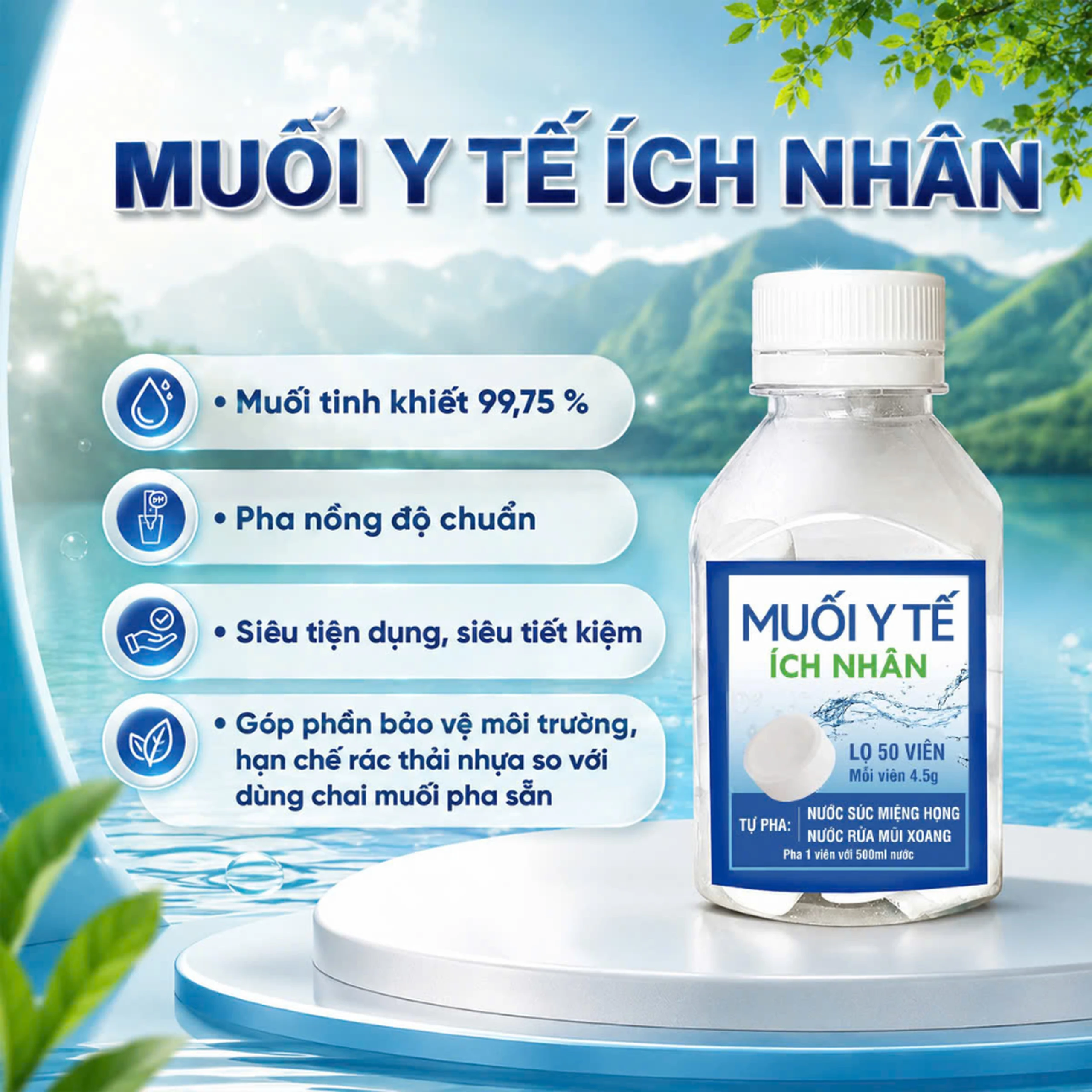 Muối y tế Ích Nhân (50 viên x 4.5g) dùng pha nước súc miệng, họng, rửa mũi 7