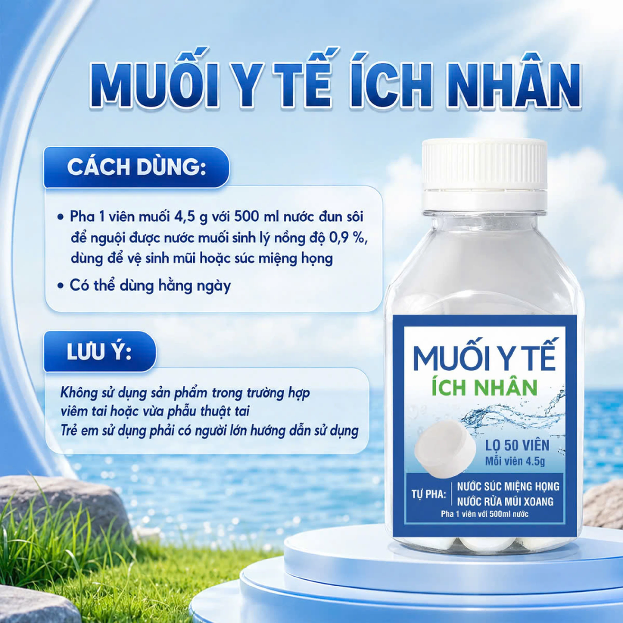 Muối y tế Ích Nhân (50 viên x 4.5g) dùng pha nước súc miệng, họng, rửa mũi 9