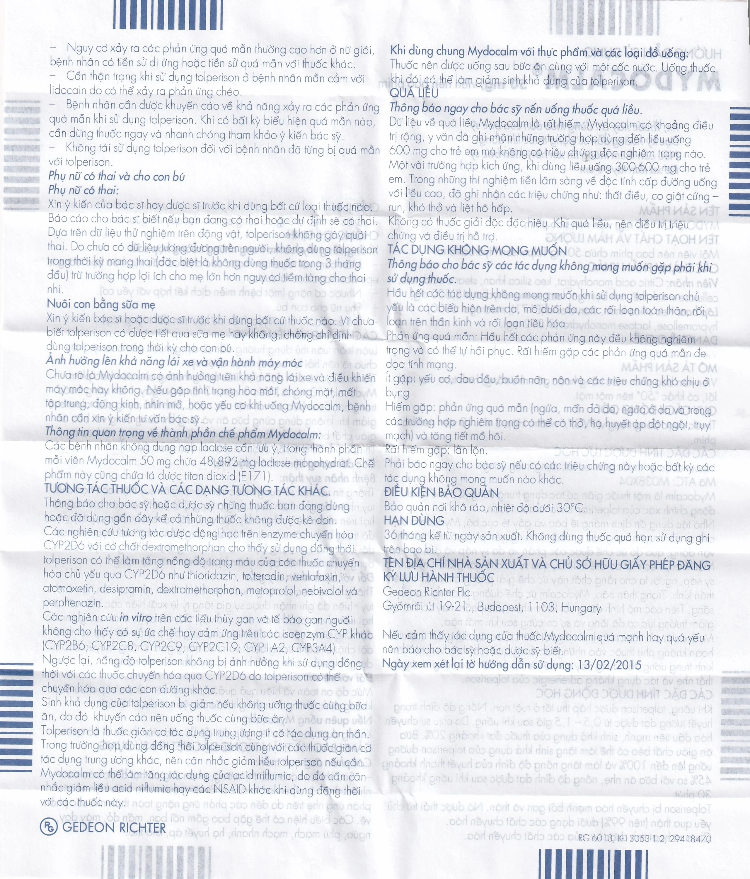 Viên nén Mydocalm 50mg Gedeon điều trị triệu chứng co cứng cơ sau đột quỵ (3 vỉ x 10 viên)