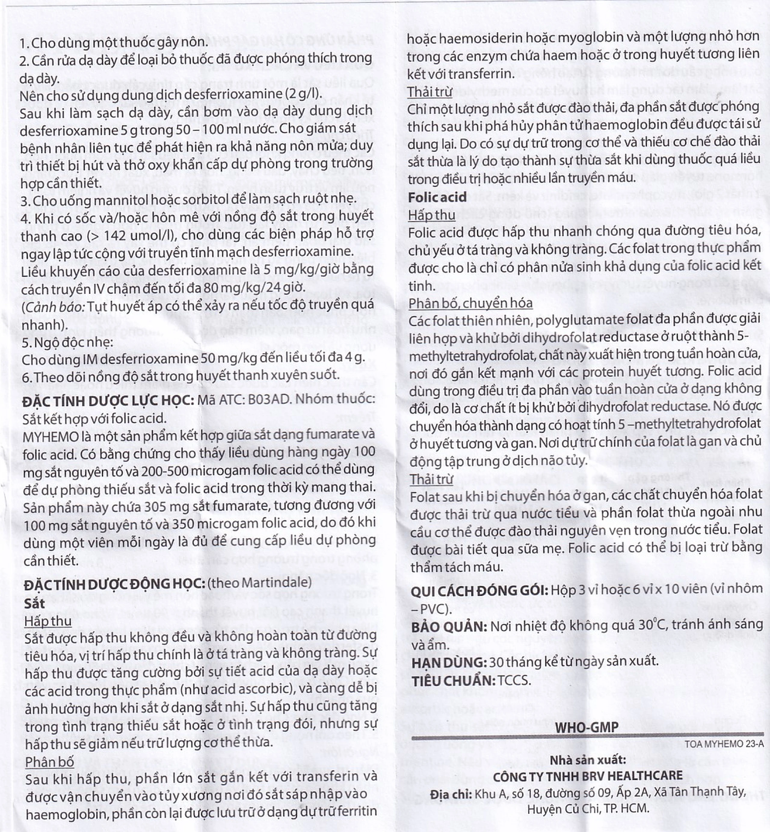 Thuốc Myhemo BRV điều trị dự phòng thiếu sắt và folic acid trong khi mang thai (3 vỉ x 10 viên)