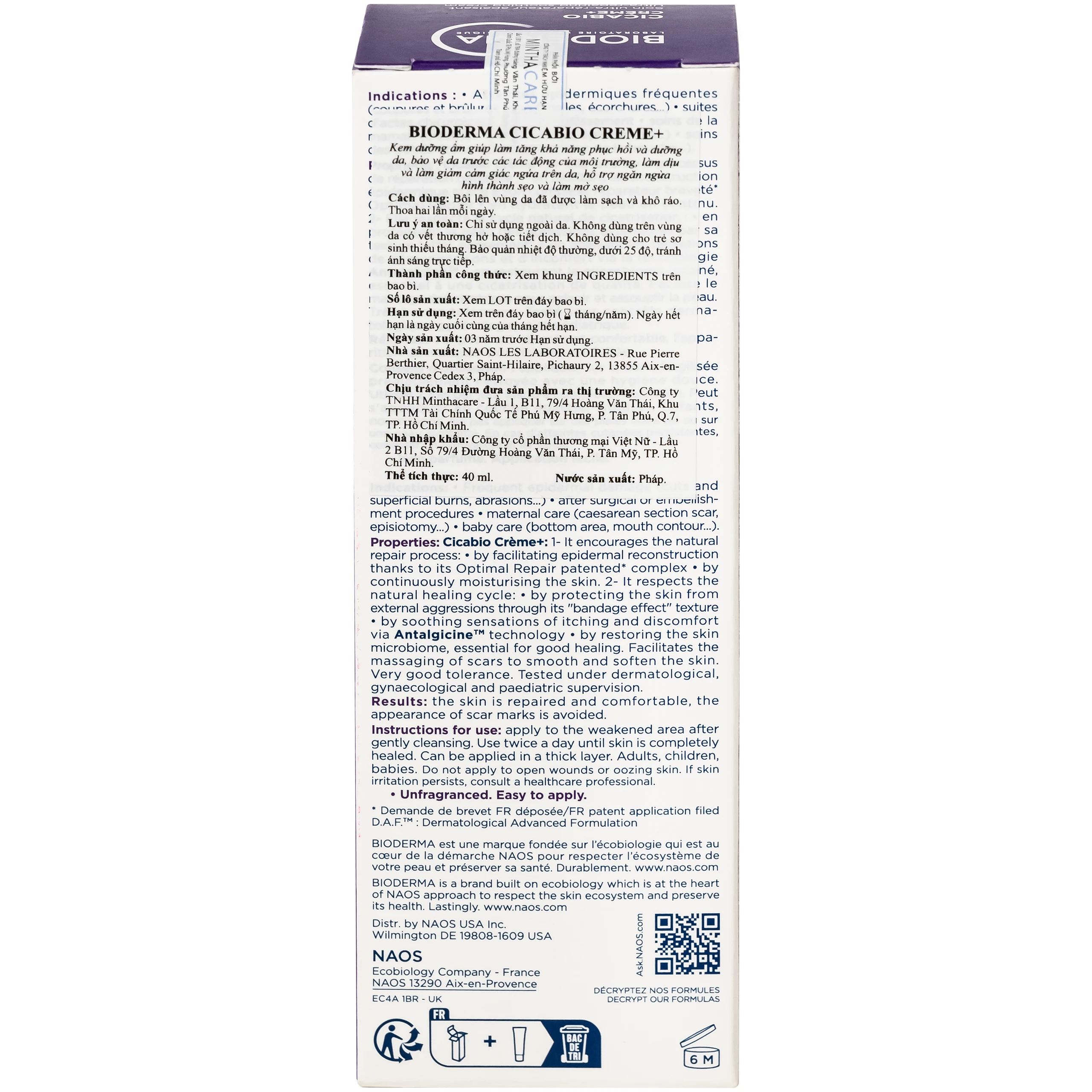 Kem dưỡng Bioderma Cicabio Crème+ giúp phục hồi da tổn thương, hỗ trợ làm mờ sẹo (40ml) 3