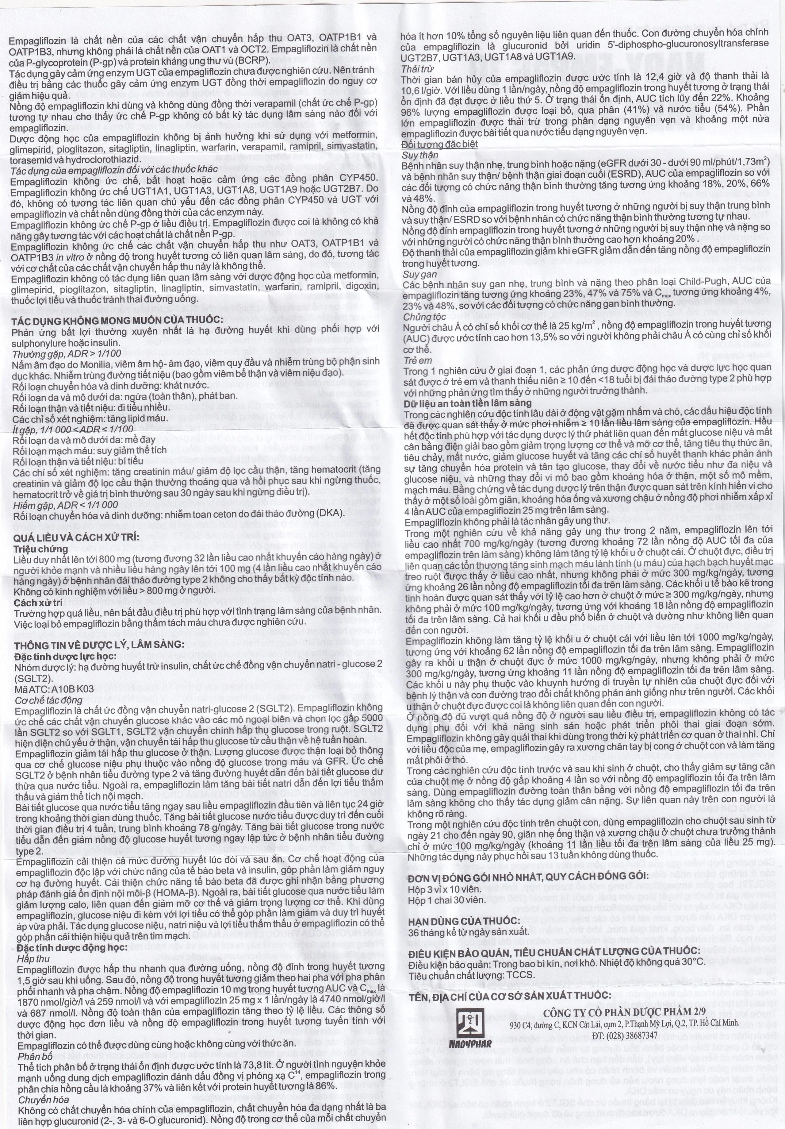 Thuốc Nady-Empag 25mg Nadyphar điều trị cho người lớn bị đái tháo đường type 2 (3 vỉ x 10 viên)