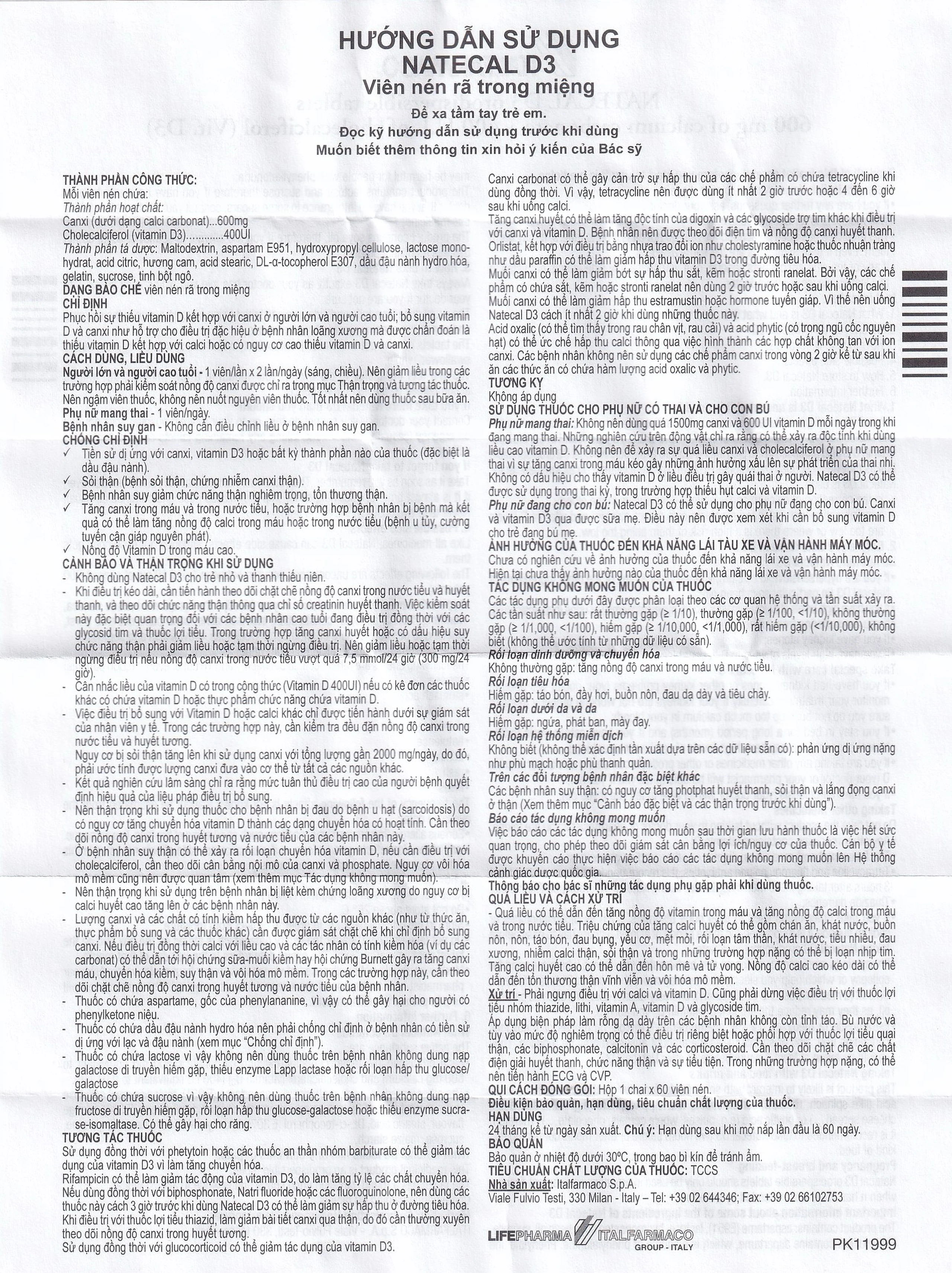 Viên nén Natecal D3 Italfarmaco điều trị và phục hồi thiếu vitamin D (60 viên)