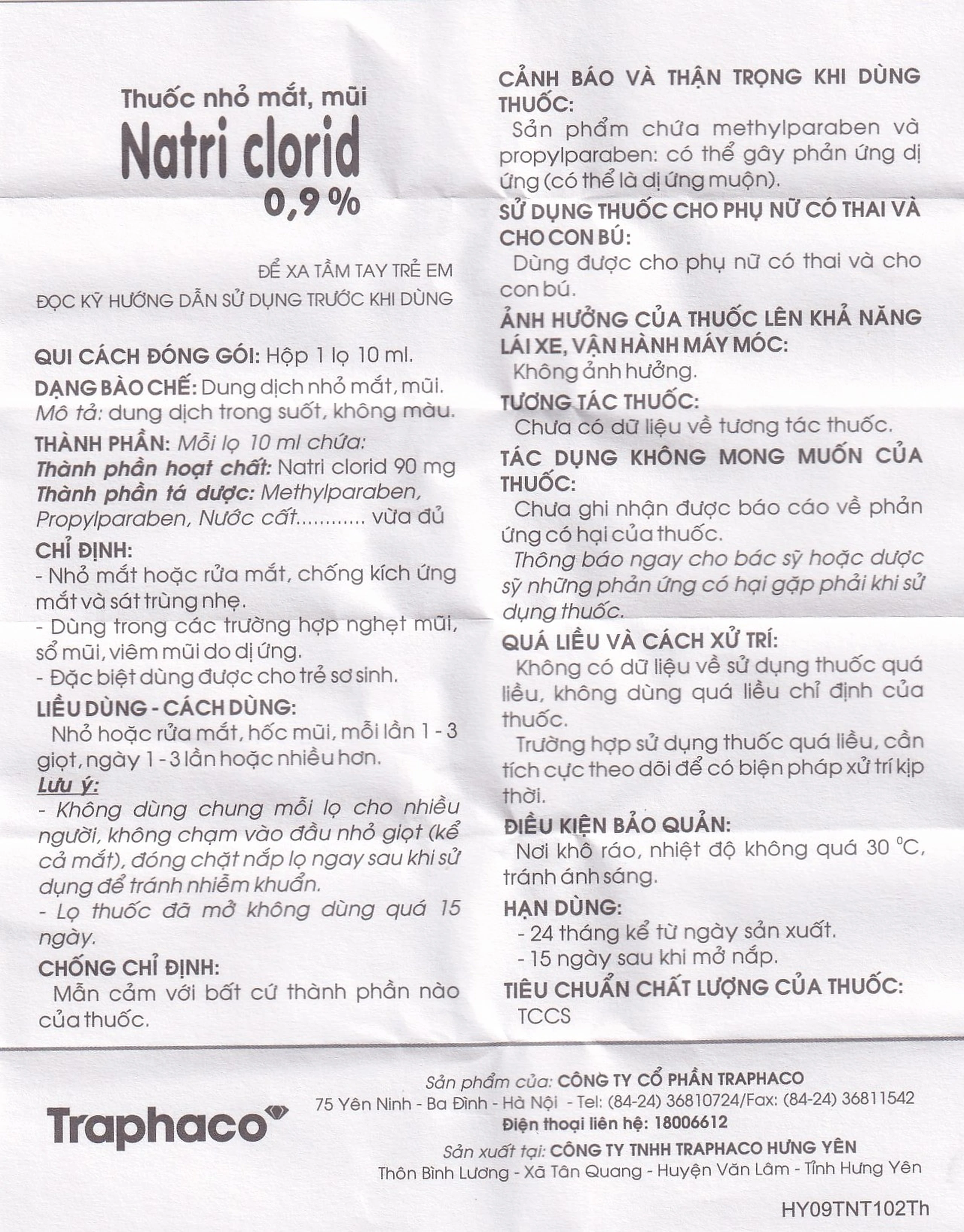 Thuốc nhỏ mắt, mũi Natri Clorid 0,9% Traphaco giảm nghẹt mũi, chảy mũi, viêm mũi dị ứng (10ml)