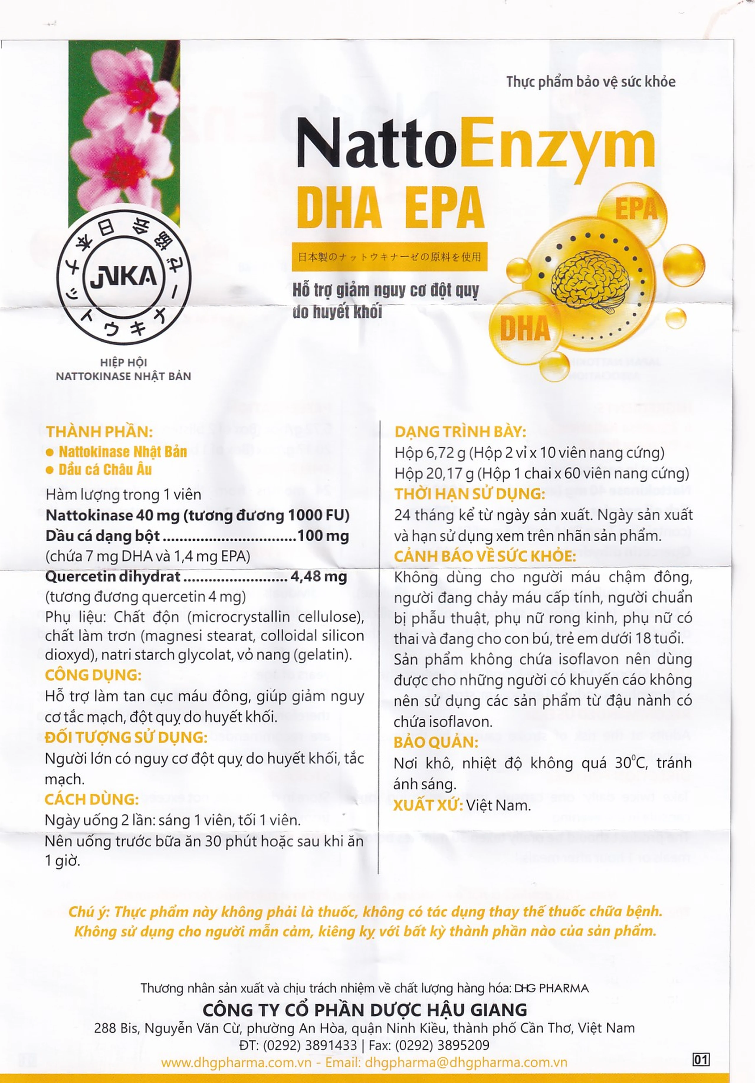 Viên uống NattoEnzym DHA EPA DHG Pharma hỗ trợ giảm nguy cơ đột quỵ do huyết khối (2 vỉ x 10 viên)