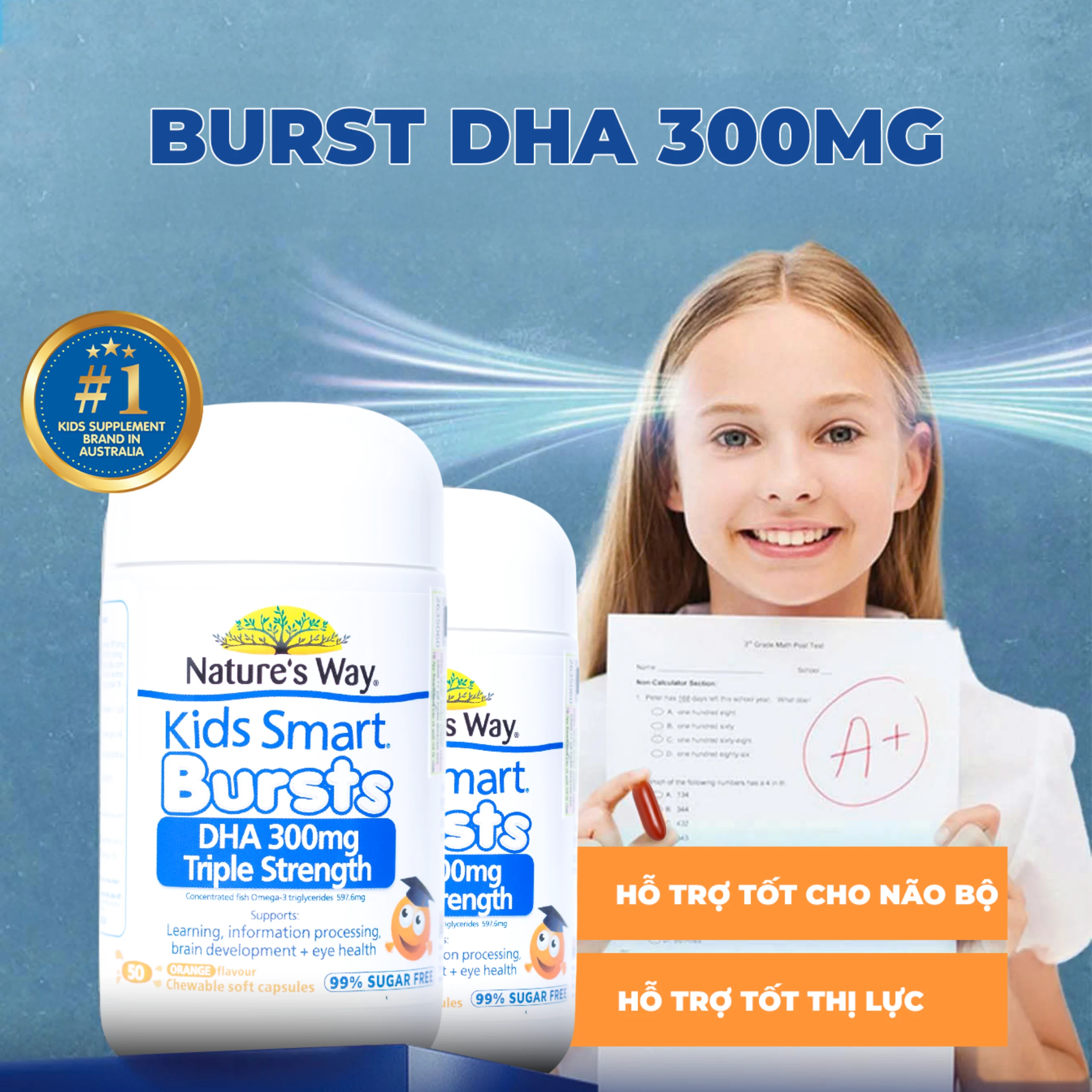 Viên nhai hỗ trợ bổ não Kids Smart Bursts DHA 300mg Nature's Way (50 viên)