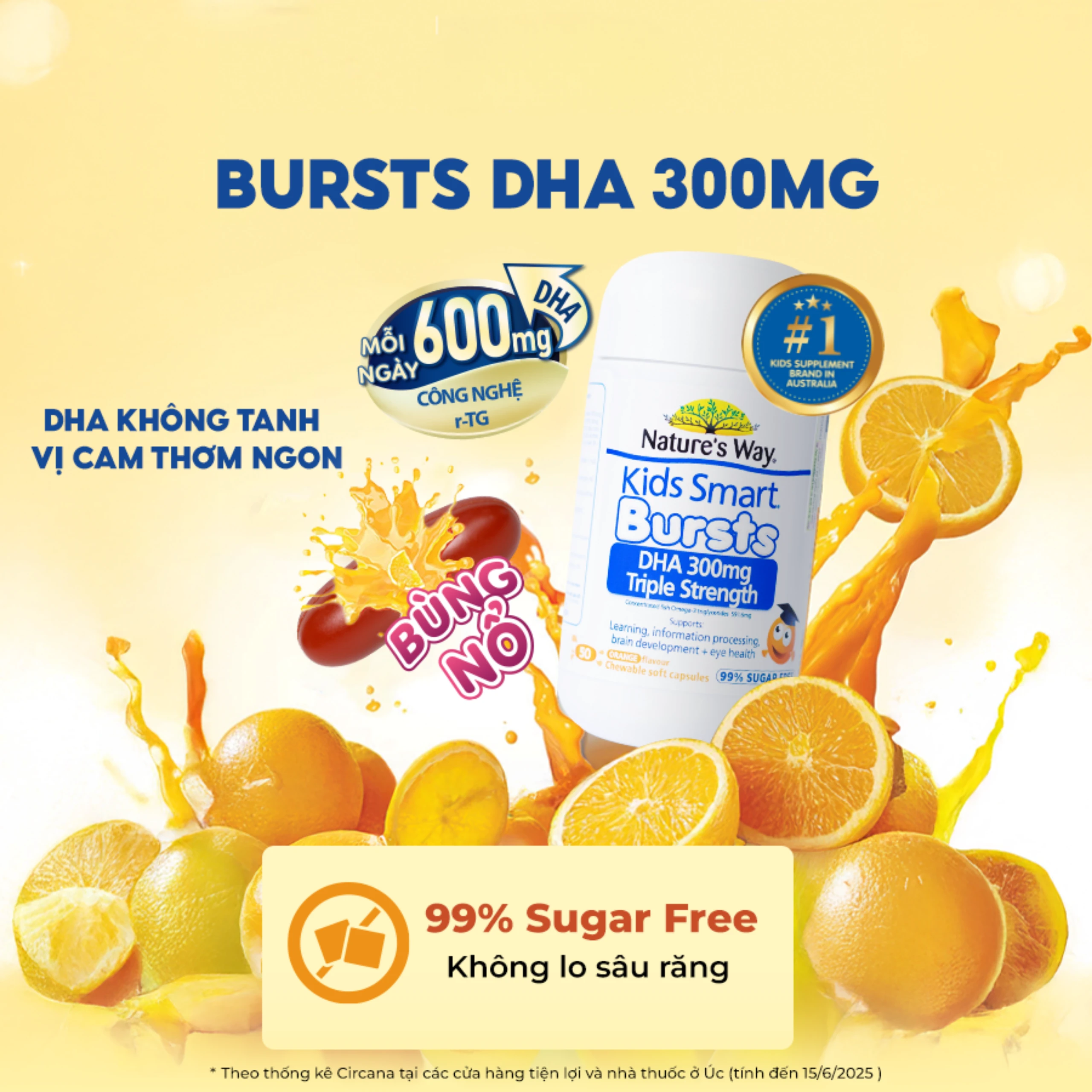 Viên nhai hỗ trợ bổ não Kids Smart Bursts DHA 300mg Nature's Way (50 viên)
