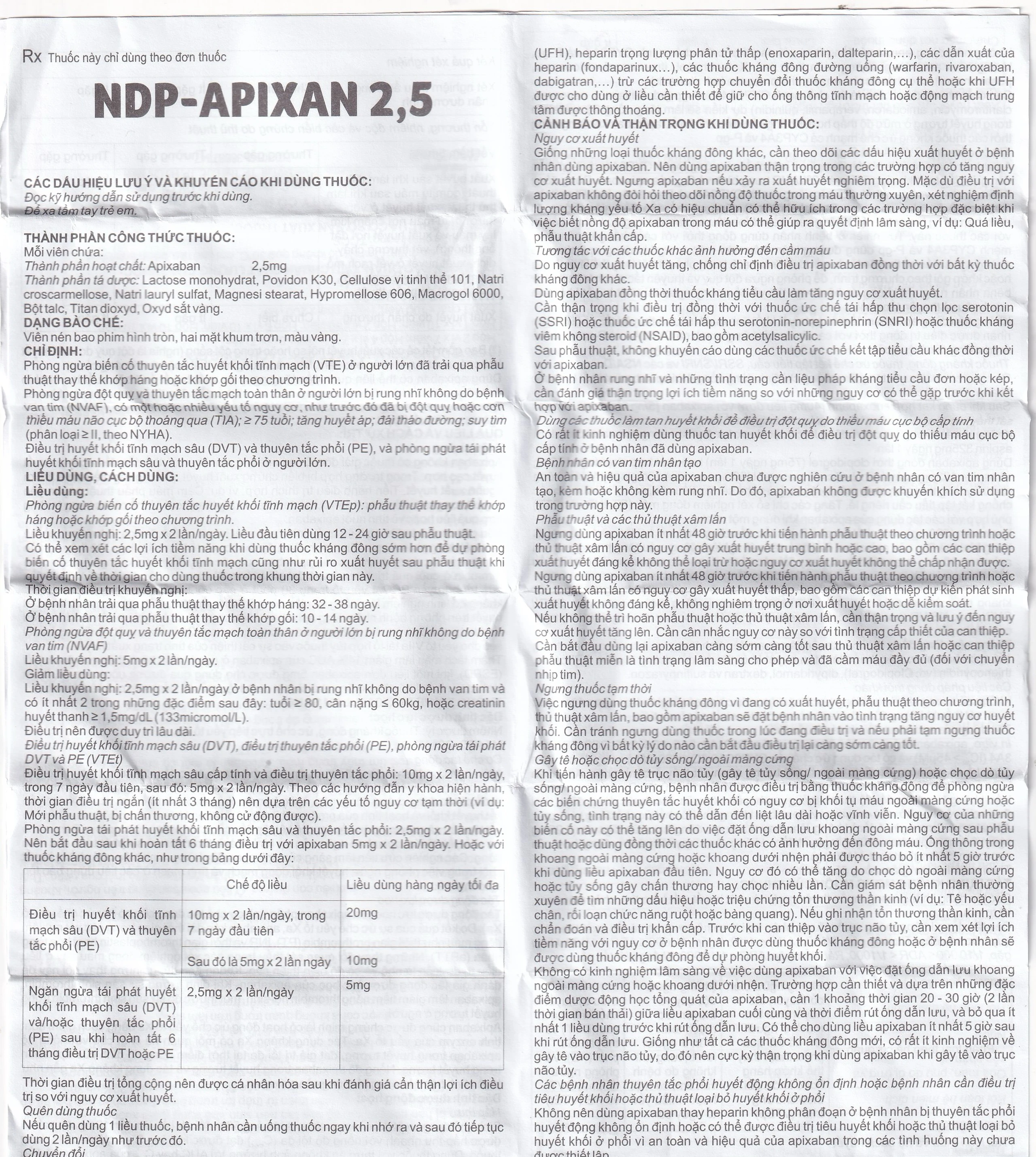 NDP-Apixan 2.5mg Nadyphar phòng ngừa biến cố thuyên tắc huyết khối tĩnh mạch (10 vỉ x 10 viên)