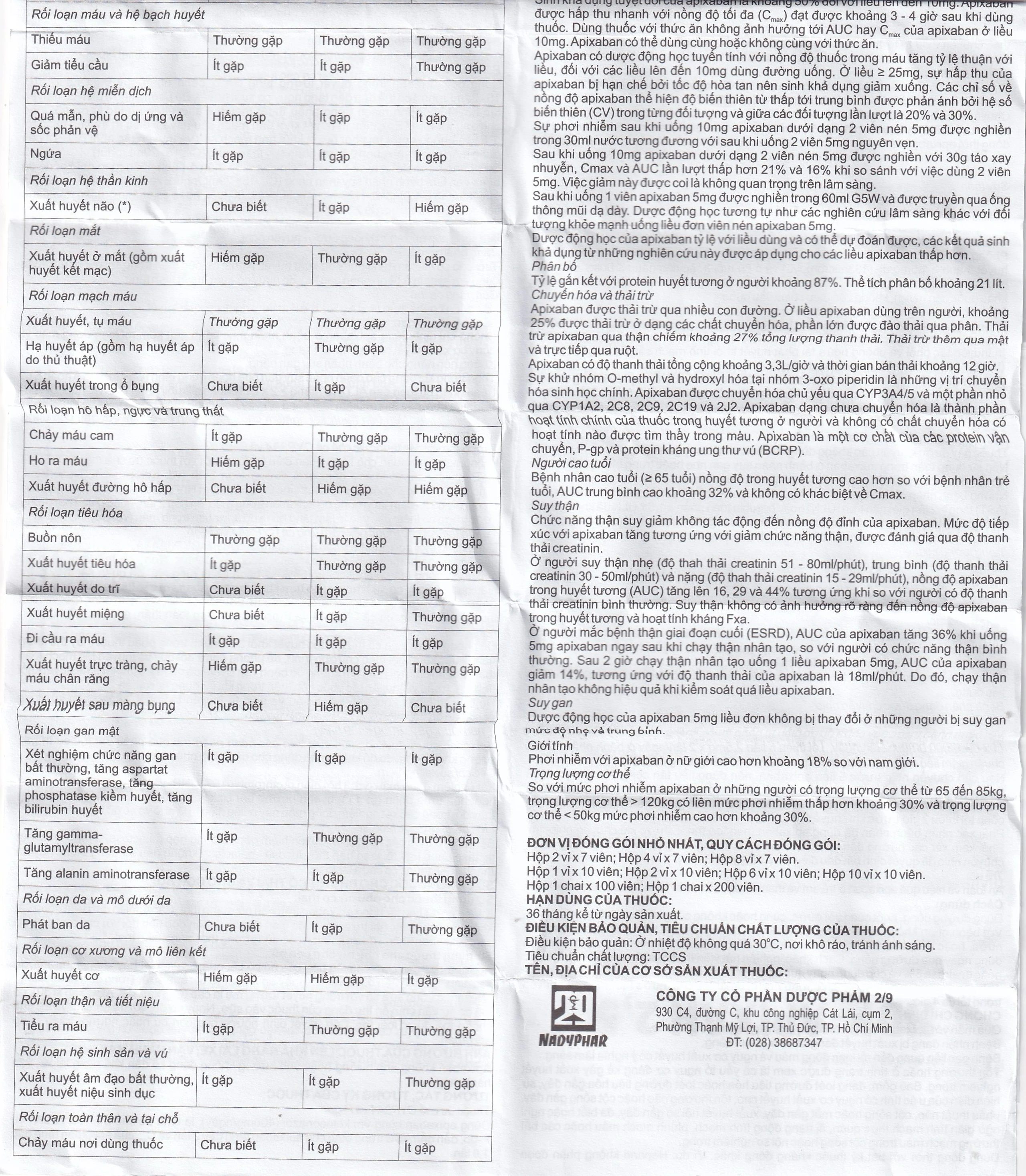 NDP-Apixan 2.5mg Nadyphar phòng ngừa biến cố thuyên tắc huyết khối tĩnh mạch (10 vỉ x 10 viên)