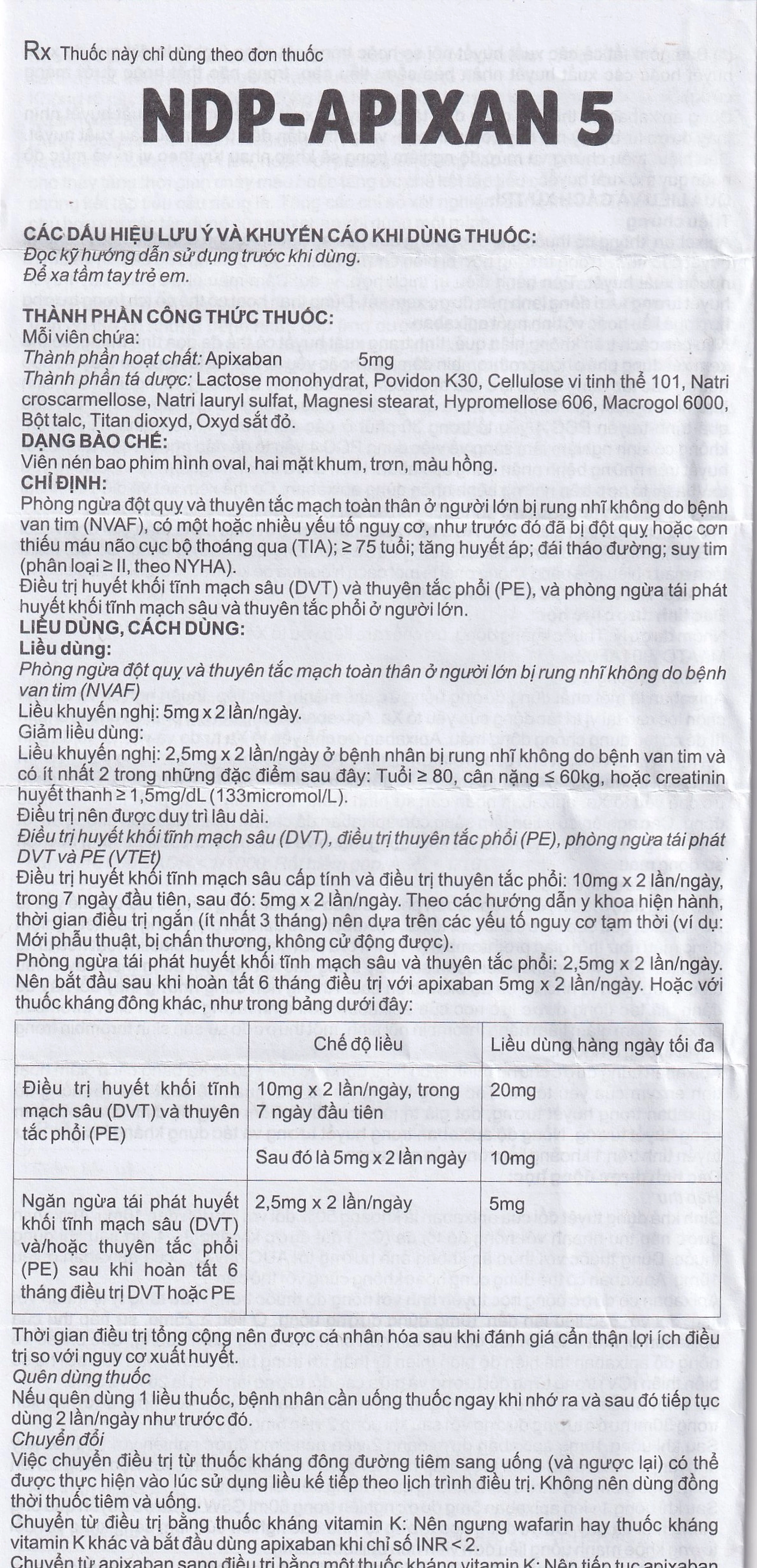 Thuốc NDP-Apixan 5mg Nadyphar hỗ trợ phòng ngừa đột quỵ, tăng huyết áp (2 vỉ x 10 viên)